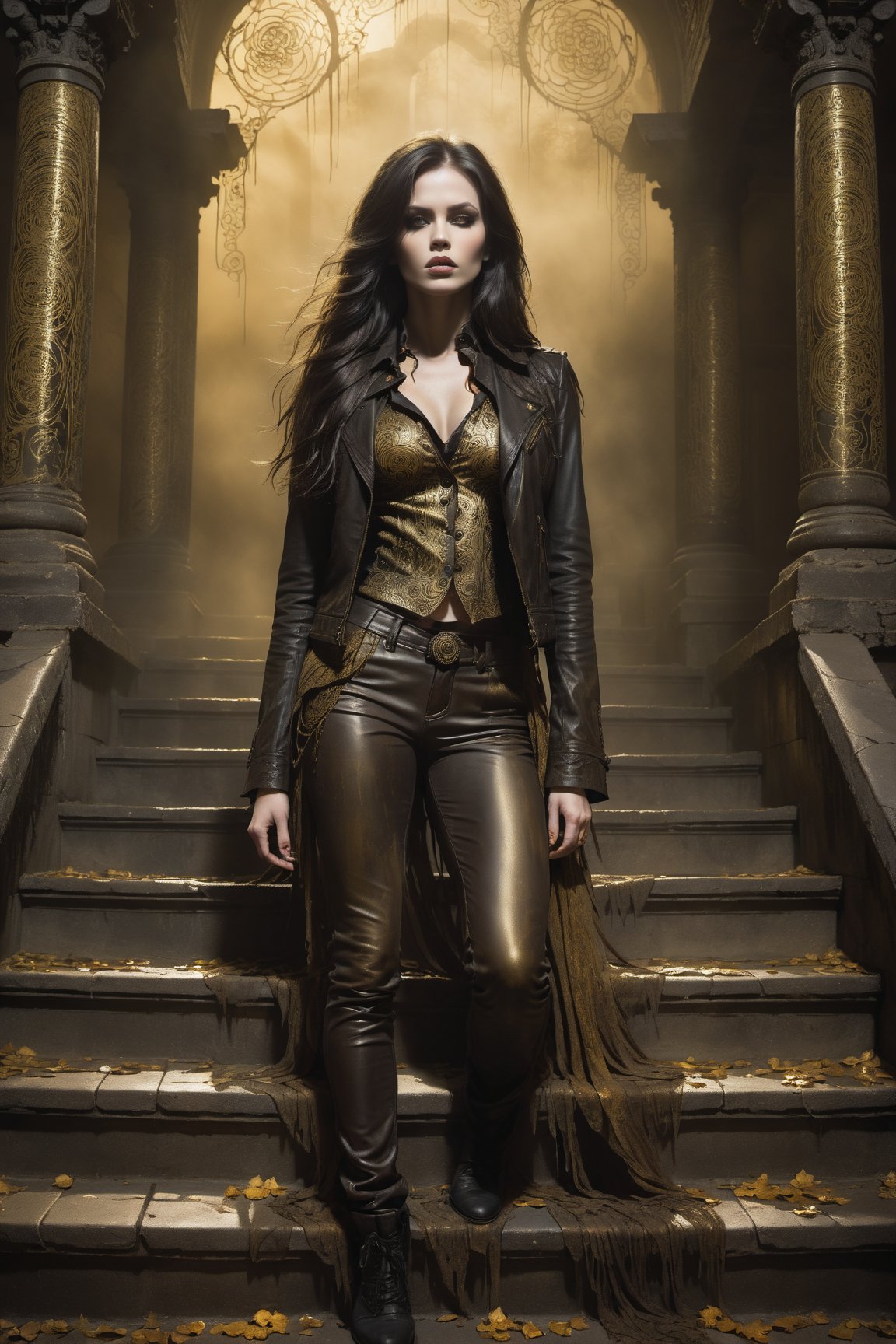 A hauntingly beautiful woman on the steps  in a weathered creepy temple, shrouded in thick Golden-hued fog that morphs into an eerie aura. Her pale skin and Black very, very long hair contrast against the dark Brown leather pants, button down shirt,  Brown leather jacket with filigree and Zentangle patterns, punctuated by dripping oil textures. Her closed hands cradle her muscular figure, emphasizing her very muscular figure. The dramatic lighting creates stark catchlights and shadows, highlighting her haunting beauty amidst a desolate creepy temple backdrop bathed in Golden hues.