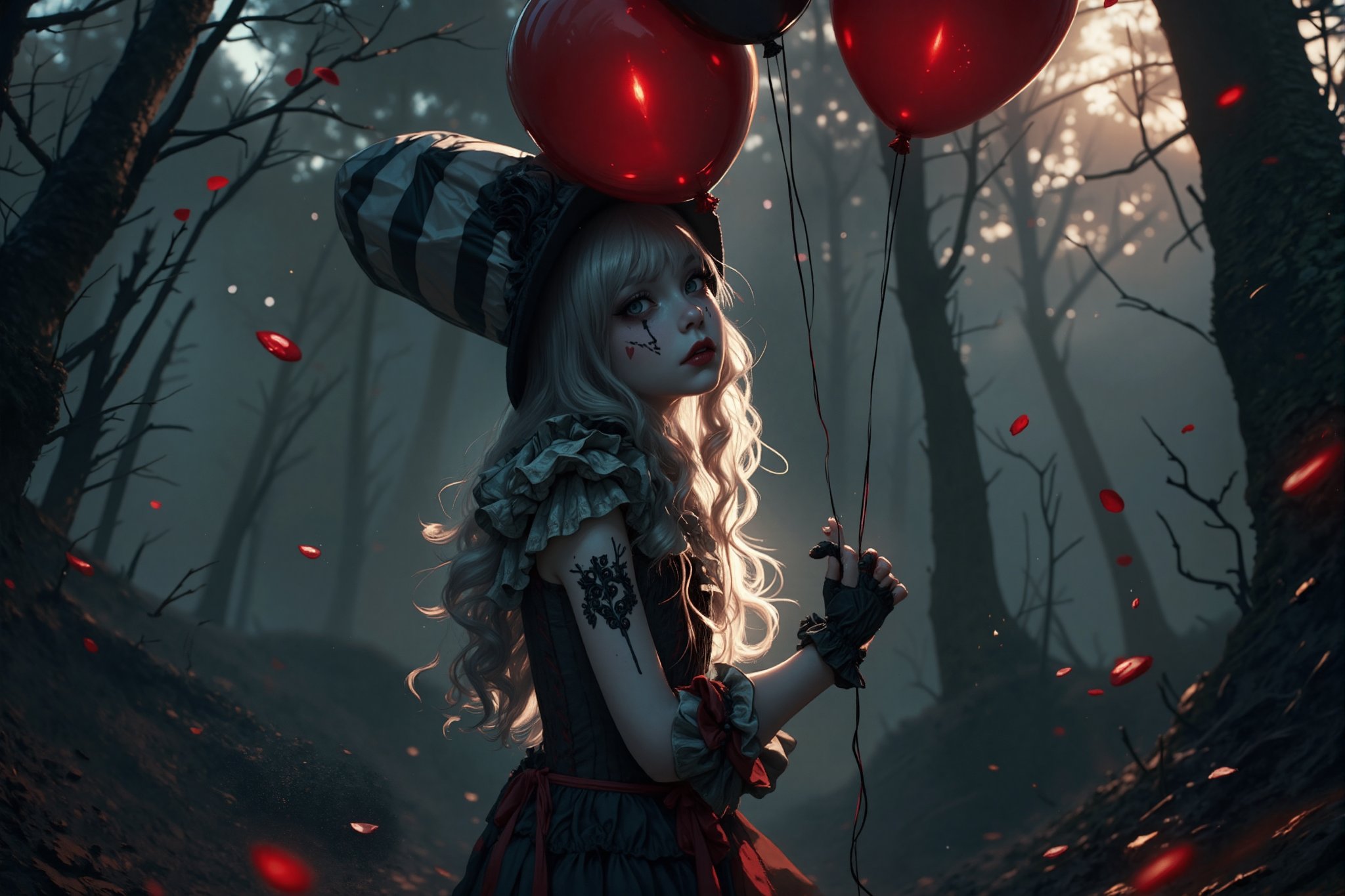 (masterpiece, high quality, 8K resolution). higly stylized and detailed close up anime portrait with mystic and horror embience. A hauntingly beautiful illustration unfolds:  A melancholic gothic clown girl wearing a striped black-and-white outfit, holding red and black balloons. Her long, wavy hair flows beneath a tilted top hat with matching black-and-white stripes. She has pale skin with dark makeup and a stitched smile painted across her face. A heart tattoo decorates her arm, adding a touch of fragile beauty. The background is a hazy, mist-filled forest with soft, glowing bokeh lights, creating an eerie yet enchanting atmosphere. Red petals drift in the air, enhancing the melancholic mood.