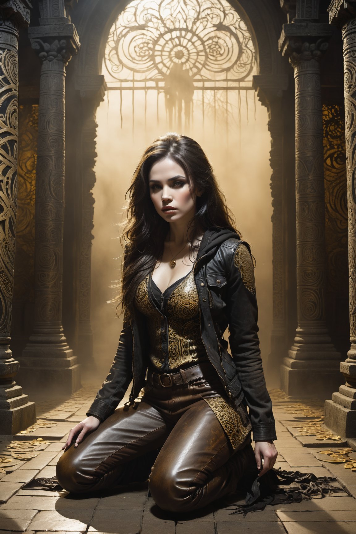 A hauntingly beautiful woman kneeling down on the ground with a backpack on the ground in front of her  in a weathered creepy temple, shrouded in thick Golden-hued fog that morphs into an eerie aura. Her pale skin and Black very, very long hair contrast against the dark Brown leather pants, button down shirt,  Brown leather jacket with filigree and Zentangle patterns, punctuated by dripping oil textures. Her closed hands cradle her muscular figure, emphasizing her very muscular figure. The dramatic lighting creates stark catchlights and shadows, highlighting her haunting beauty amidst a desolate creepy temple backdrop bathed in Golden hues.