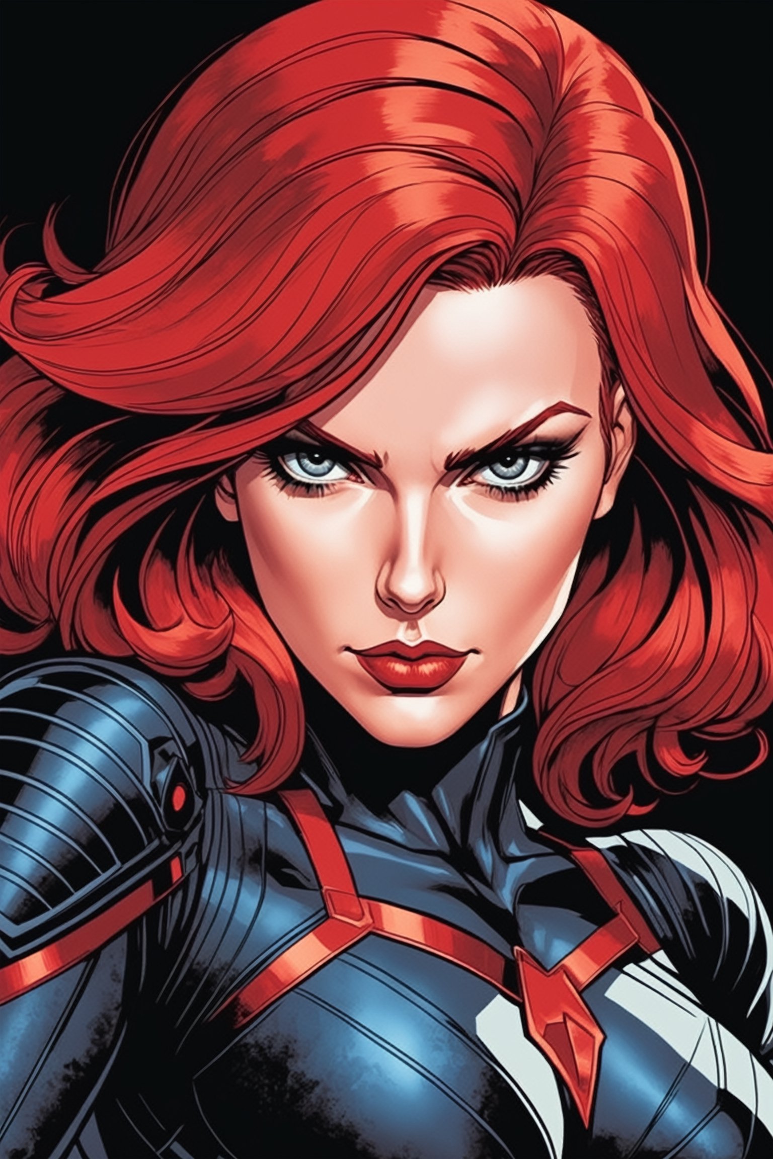 midshot, cel-shading style, centered image, ultra detailed illustration of Black widow, the comic character, posing, (tetradic colors), inkpunk, ink lines, strong outlines, art by MSchiffer, bold traces, unframed, high contrast, cel-shaded, vector, 4k resolution, best quality, (chromatic aberration:1.8)