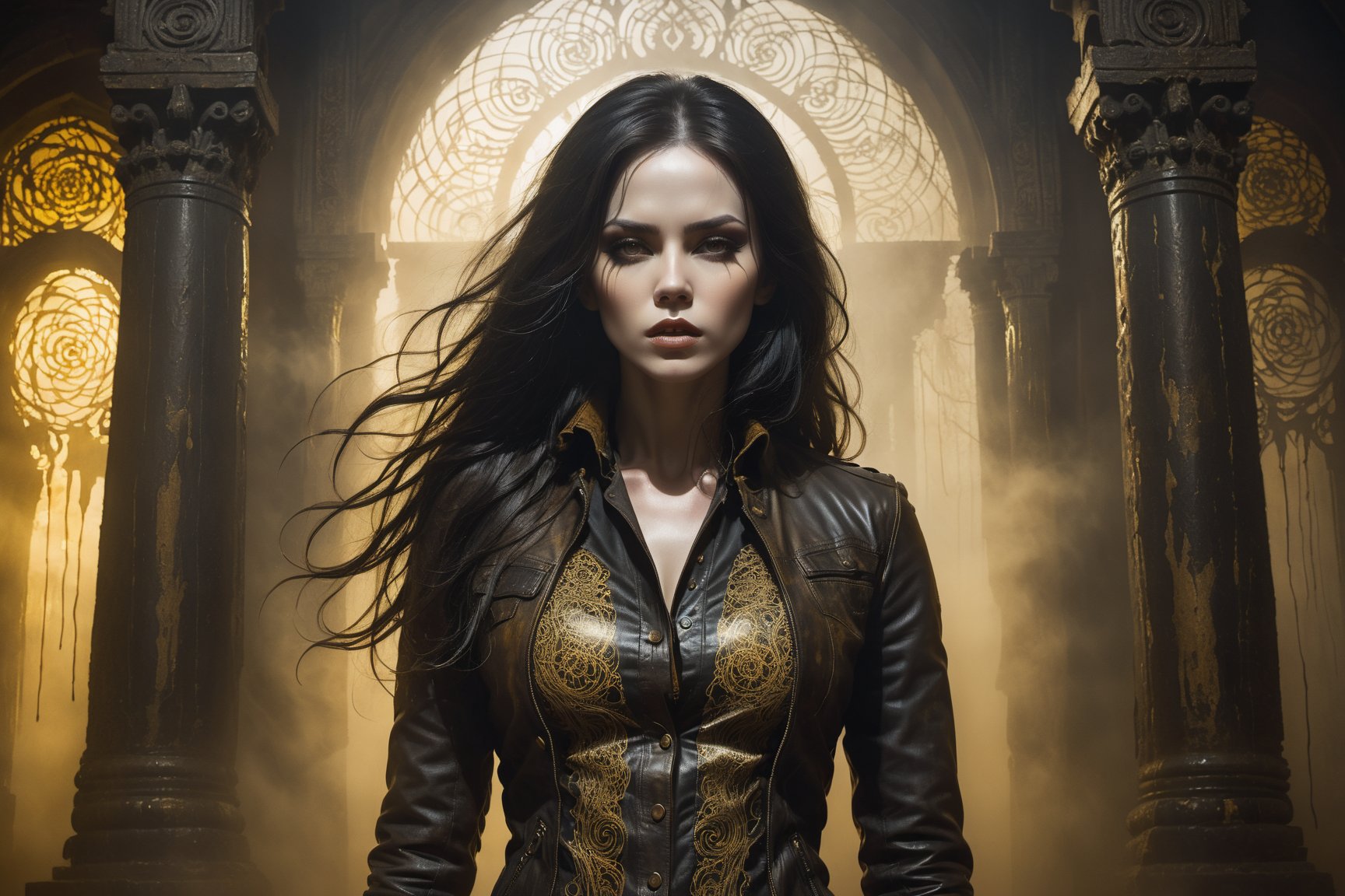 A hauntingly beautiful woman in a weathered creepy temple, shrouded in thick Golden-hued fog that morphs into an eerie aura. (Close-up of her face), Her pale skin and Black very, very long hair contrast against the dark Brown leather pants, button down shirt,  Brown leather jacket with filigree and Zentangle patterns, punctuated by dripping oil textures. Her closed hands cradle her muscular figure, emphasizing her very muscular figure. The dramatic lighting creates stark catchlights and shadows, highlighting her haunting beauty amidst a desolate creepy temple backdrop bathed in Golden hues.