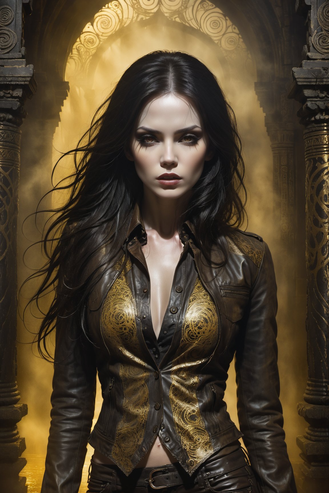 A hauntingly beautiful woman in a weathered creepy temple, shrouded in thick Golden-hued fog that morphs into an eerie aura. (Close-up of her face), Her pale skin and Black very, very long hair contrast against the dark Brown leather pants, button down shirt,  Brown leather jacket with filigree and Zentangle patterns, punctuated by dripping oil textures. Her closed hands cradle her muscular figure, emphasizing her very muscular figure. The dramatic lighting creates stark catchlights and shadows, highlighting her haunting beauty amidst a desolate creepy temple backdrop bathed in Golden hues.