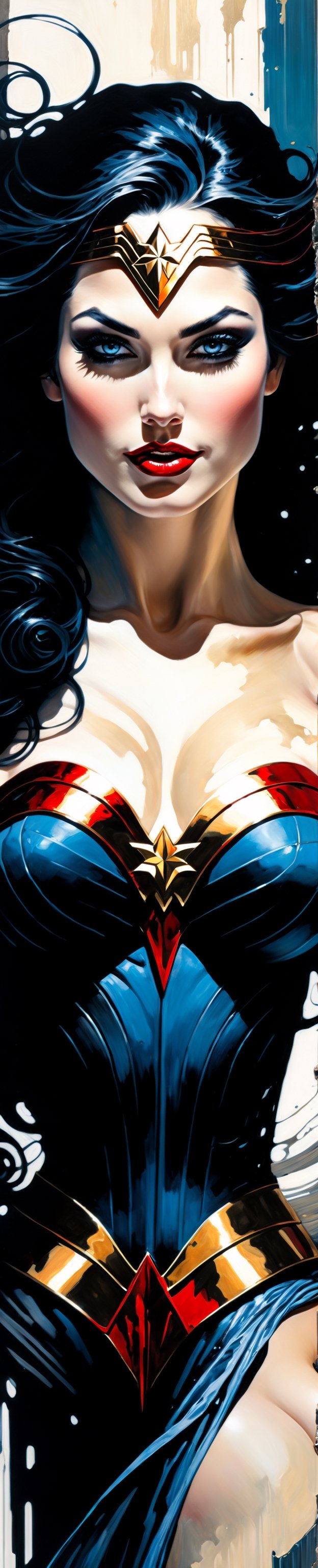 Ultra wide angle,  photorealistic medieval gothic shot of an exciting fusion between an angel and Wonder woman,  full body...