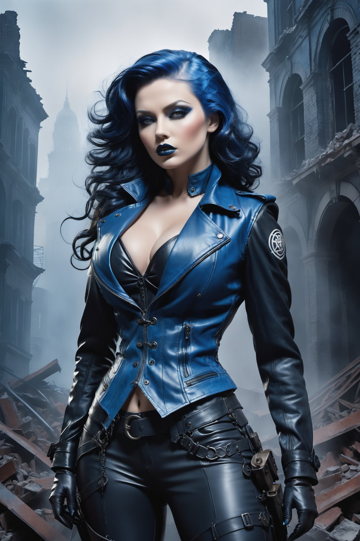 A ravishing dieselpunk femme fatale stands amidst the ruins of a forsaken metropolis,  shrouded in a thick veil of blue-hu...