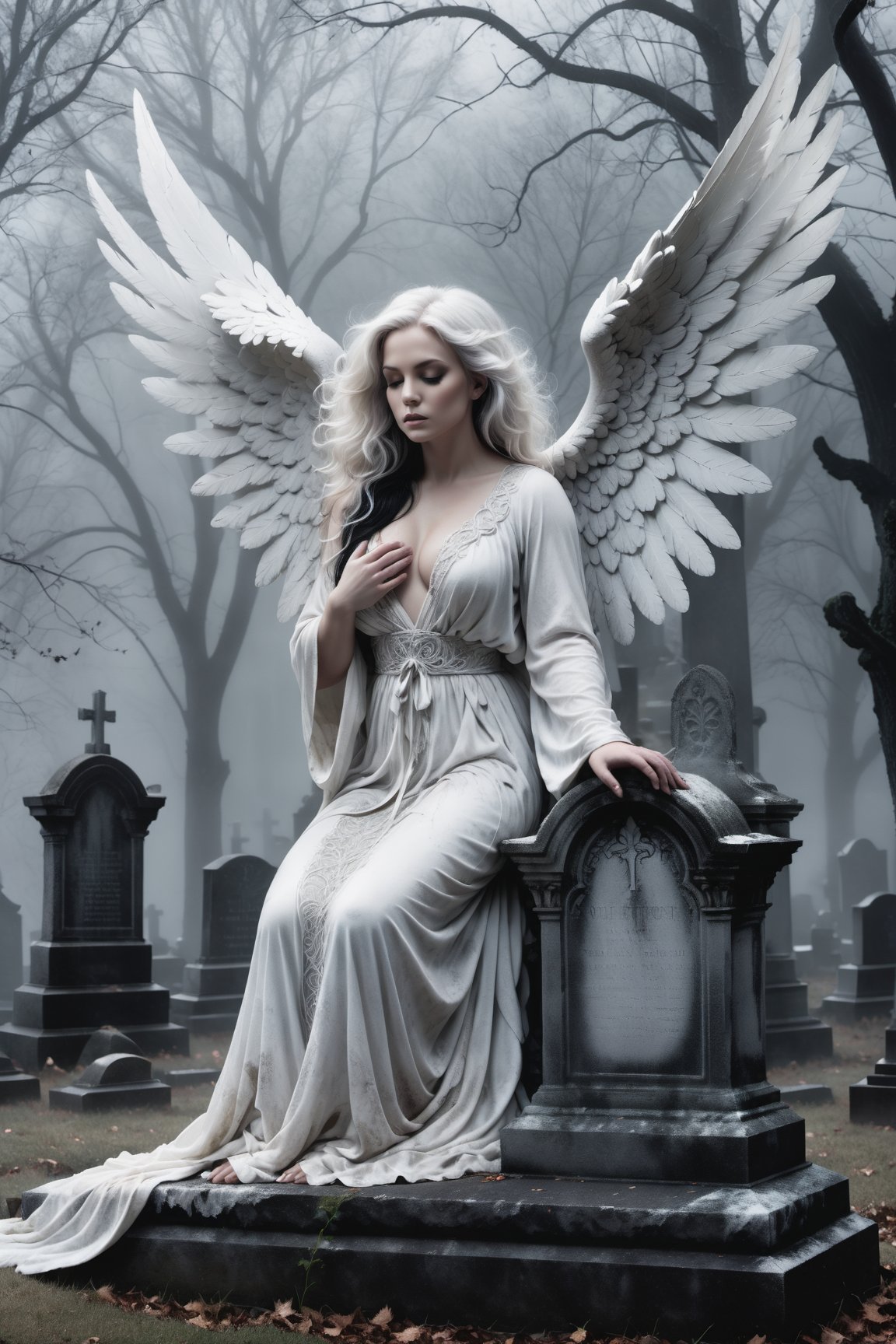 A hauntingly beautiful illustration: A White angel perches atop a weathered gravestone in a desolate cemetery, shrouded in thick fog that morphs into a ghostly aura. Dramatic lighting creates stark catchlights and shadows, highlighting the angel's pale skin, filigree, and Zentangle patterns, rendered in bold strokes against darkness. The angel's closed hands cradle her curvy figure, emphasizing her muscular physique. wearing a long White robe, Her White and black two-tone hair cascades down her back, framing a captivating close-up portrait.