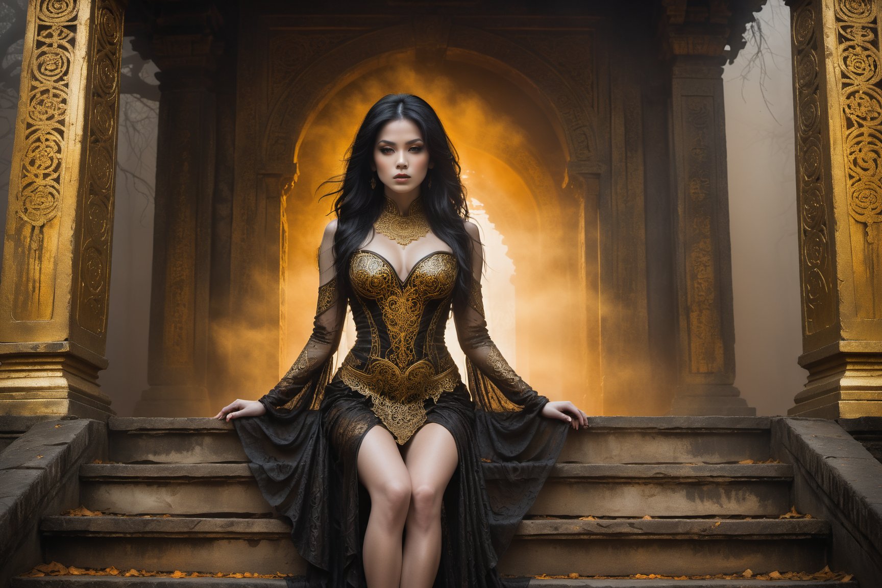 Hauntingly beautiful woman posed on weathered temple steps, shrouded in thick golden fog that morphs into eerie aura. Softly lit by warm orange-golden tones, her pale skin and black hair contrast against dark brown leather attire, complete with intricate filigree patterns. Dripping oil textures add a sense of decay to the scene. Her closed hands cradle her muscular figure, emphasizing its definition. The dramatic lighting casts stark catchlights and shadows, highlighting her haunting beauty amidst the desolate temple backdrop.