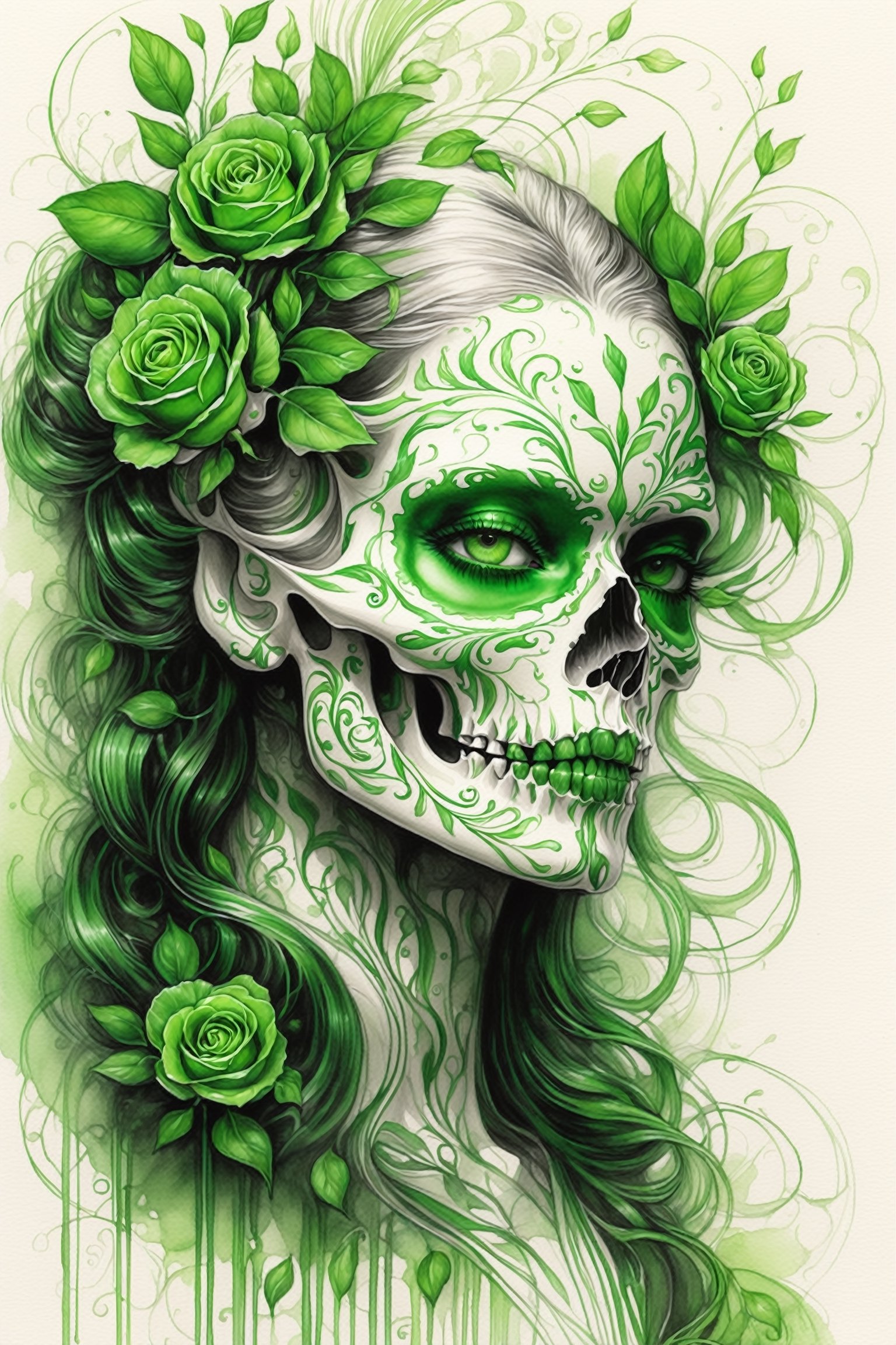 pencil Sketch of a beautiful green ((skull)), portrait by Charles Miano, ink drawing, flowing intricate ink, designs, illustrative art, soft lighting, detailed, more Flowing rhythm, elegant, low contrast, add soft blur with thin line, full red lips, green eyes, black clothes.