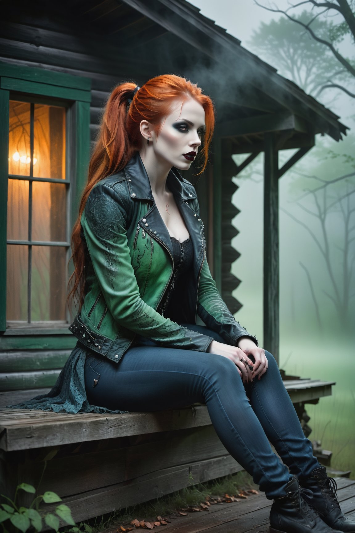 A hauntingly beautiful woman vampire ((sitting on the  on a porch of a old creepy cabin)), shrouded in thick Green-hued fog that morphs into an eerie aura. Her pale skin and Orange hair in a long, tall ponytail, contrast against the Blue jean pants, black leather jacket with filigree and Zentangle patterns, punctuated by dripping oil textures. Her closed hands cradle her curvy figure, emphasizing her very muscular physique, The dramatic lighting creates stark catchlights and shadows, highlighting her haunting beauty amidst a desolate cabin backdrop bathed in Green hues.