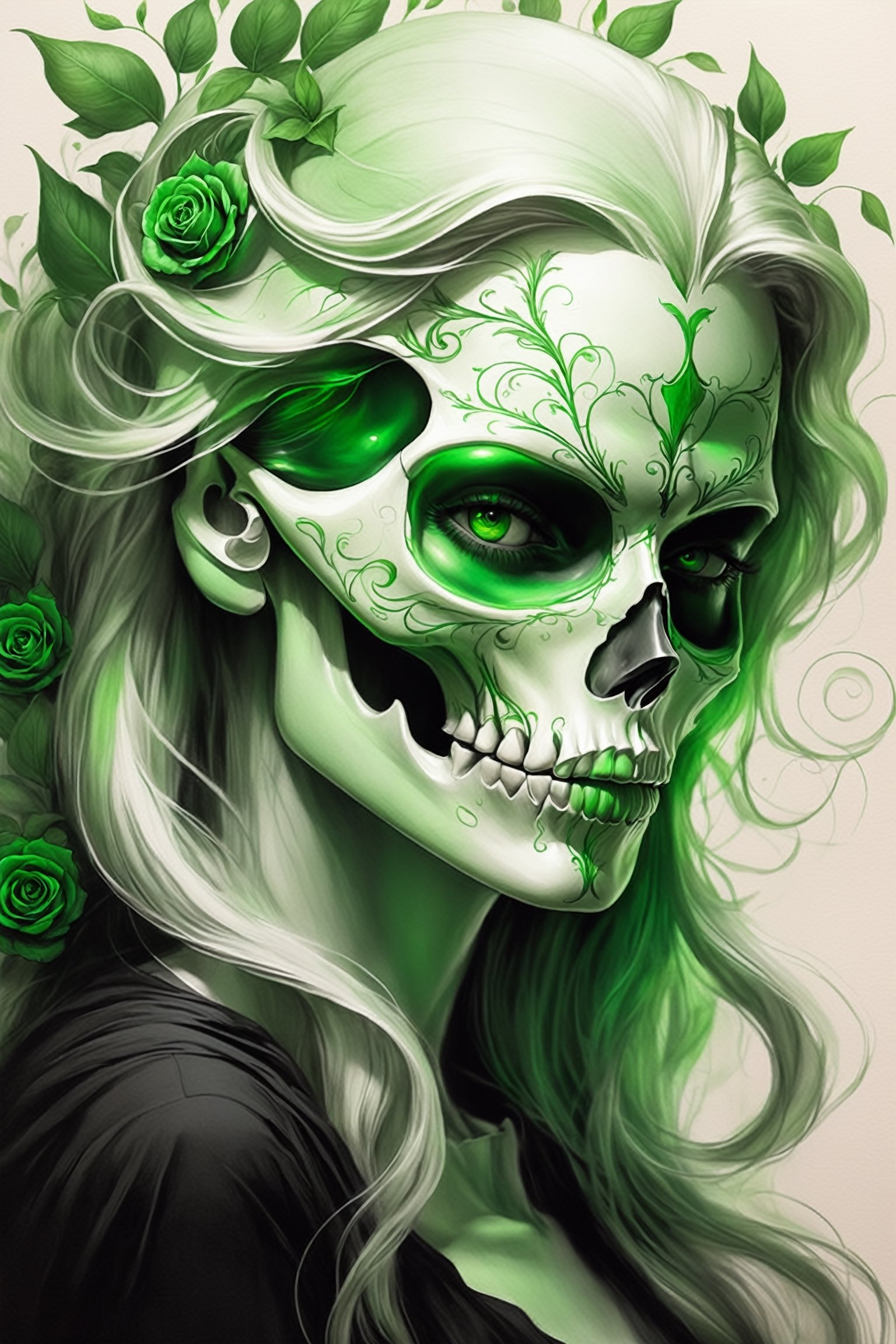 pencil Sketch of a beautiful green ((skull)), portrait by Charles Miano, ink drawing, illustrative art, soft lighting, detailed, more Flowing rhythm, elegant, low contrast, add soft blur with thin line, full red lips, green eyes, black clothes.