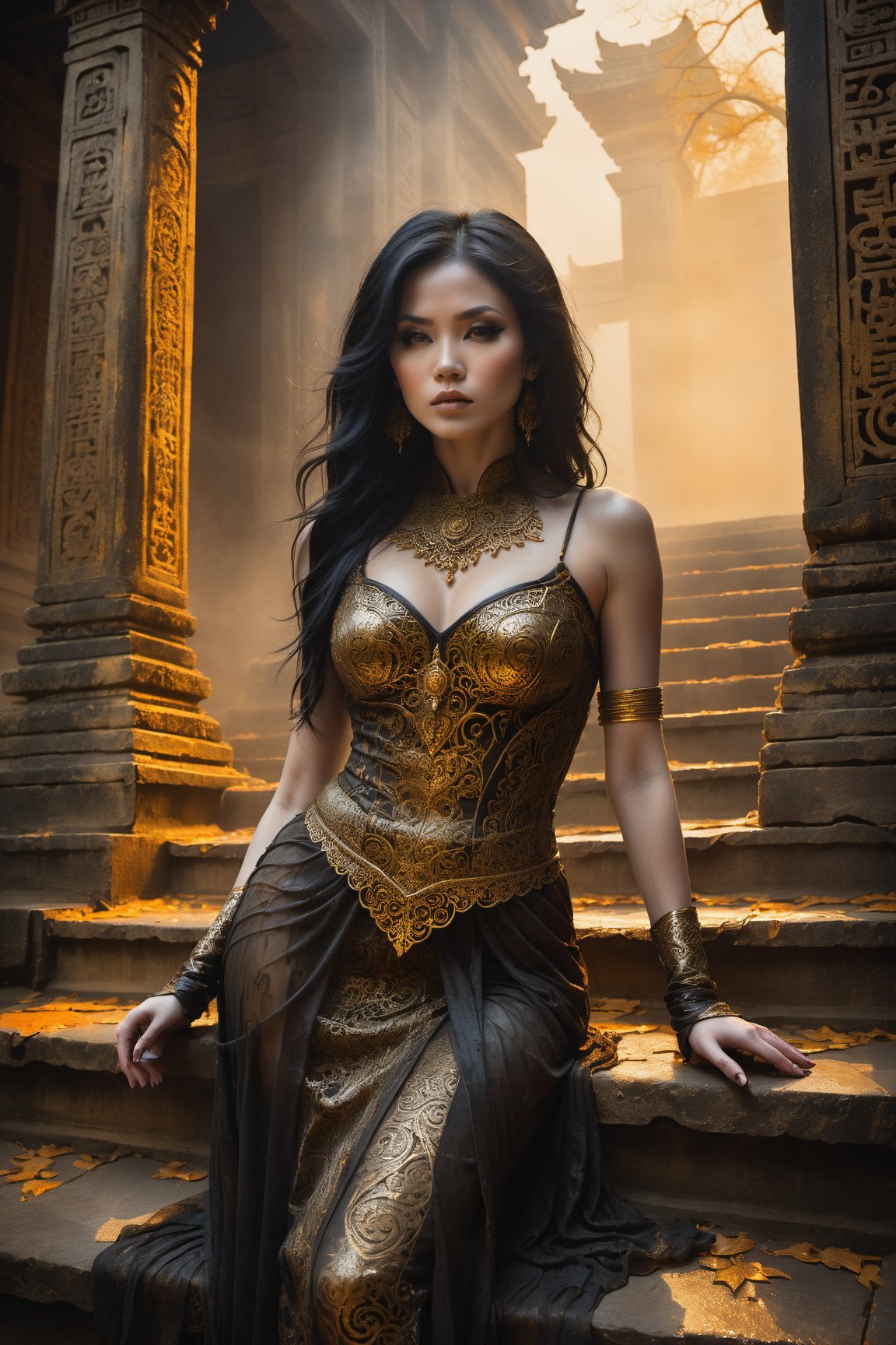 Hauntingly beautiful woman posed on weathered temple steps, shrouded in thick golden fog that morphs into eerie aura. Softly lit by warm orange-golden tones, her pale skin and black hair contrast against dark brown leather attire, complete with intricate filigree patterns. Dripping oil textures add a sense of decay to the scene. Her closed hands cradle her muscular figure, emphasizing its definition. The dramatic lighting casts stark catchlights and shadows, highlighting her haunting beauty amidst the desolate temple backdrop.