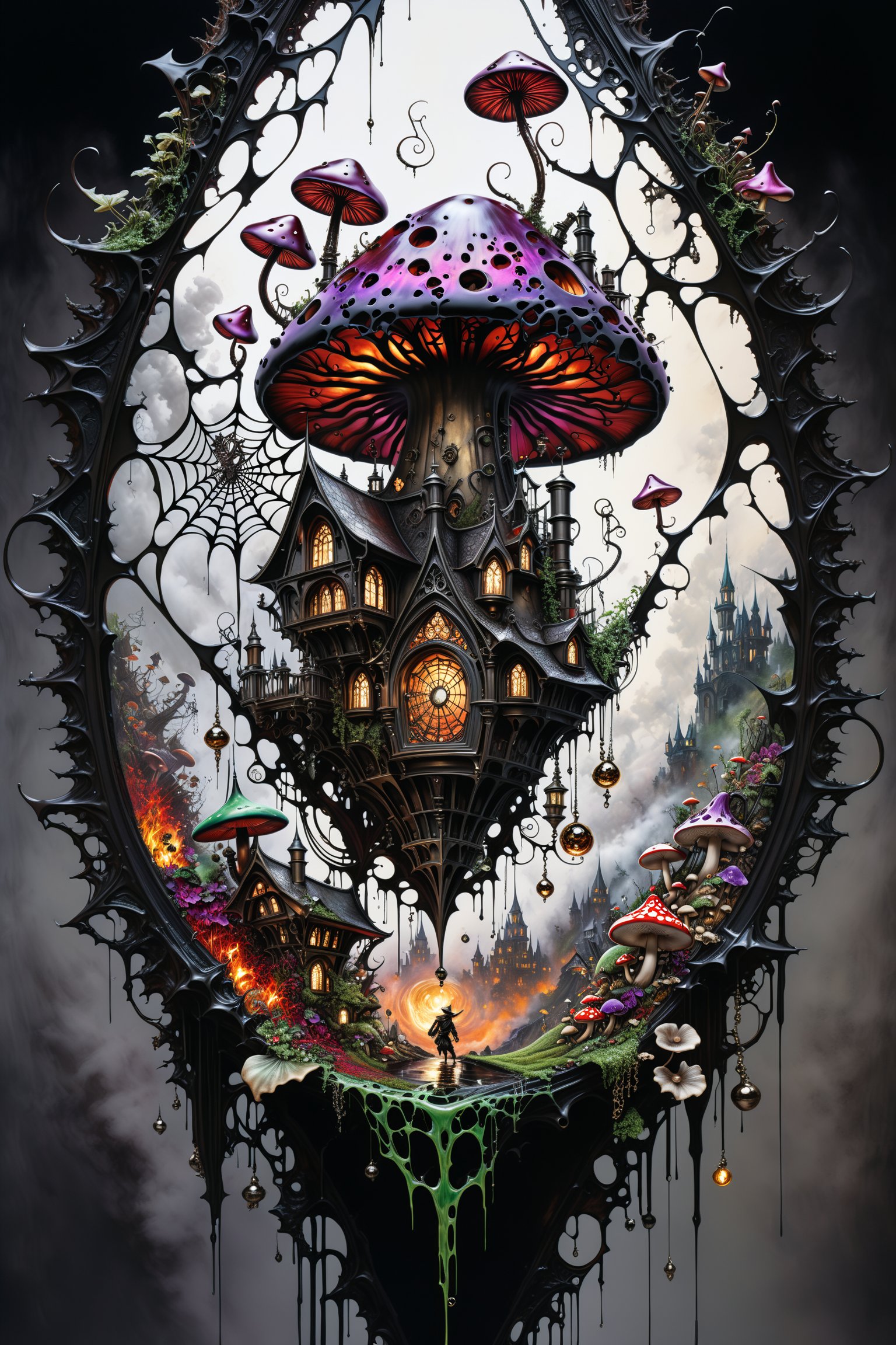 Ultra-wide-angle, photorealistic medieval gothic steam punk shot of an exciting fusion between Spawn and ((A spiderweb and a mushroom)) in a new character that embodies elements of both, (((spiderwebs))), silver mechanical gears in the background, people, see. Black and multi colored, ink Flow - 8k Resolution Photorealistic Masterpiece - by Aaron Horkey and Jeremy Mann - Intricately Detailed. fluid gouache painting: by Jean Baptiste Mongue: calligraphy: acrylic: colorful watercolor, cinematic lighting, maximalist photoillustration: by marton bobzert: 8k resolution concept art, intricately detailed realism, complex, elegant, expansive, fantastical and psychedelic, dripping paint , in the chasm of the empire estate, night, the moon, buildings, reflections, wings, and other elements need to stay in frame,(isolate object)