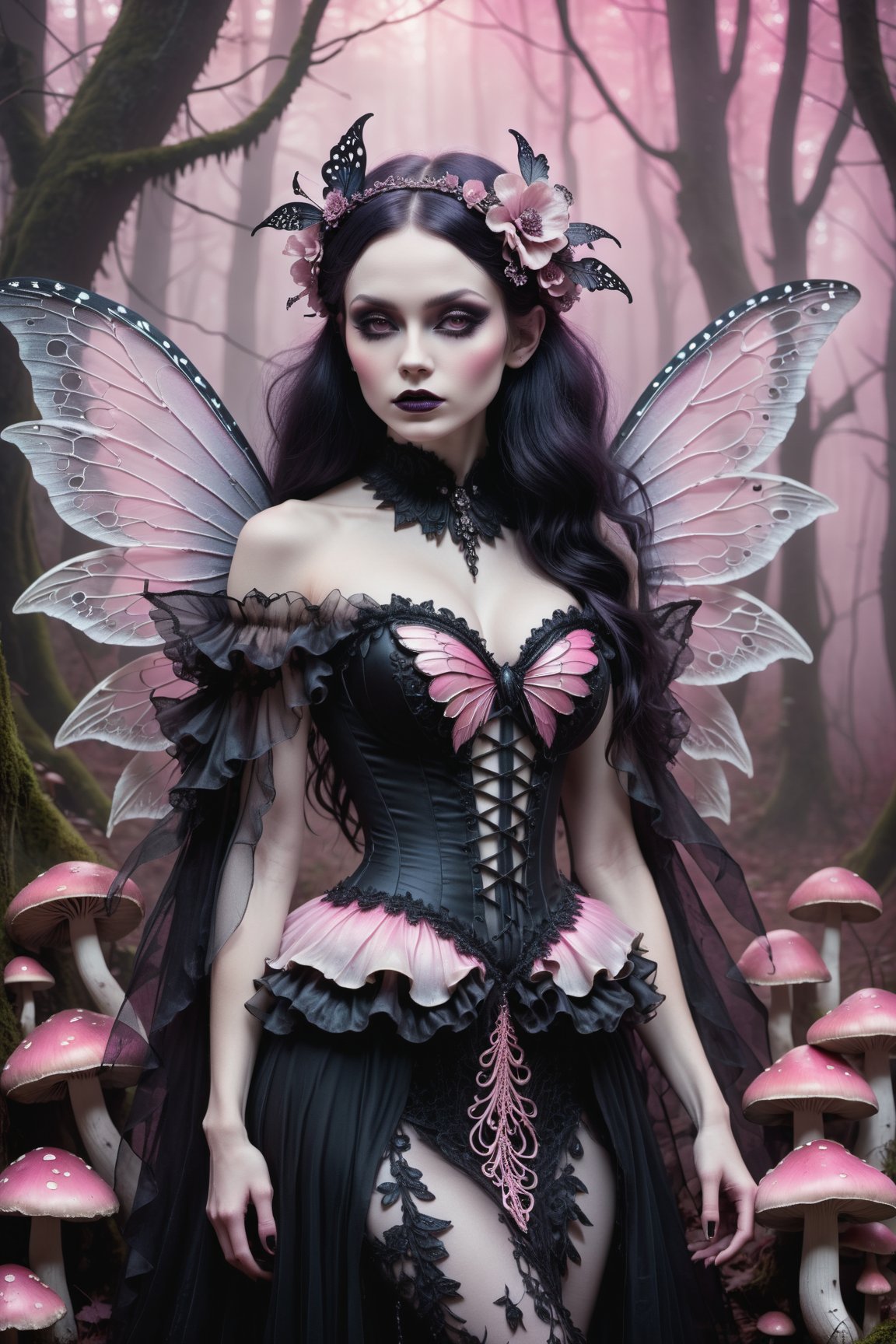 A hauntingly beautiful woman (((gothic fairy with Beautiful, detailed wings))) wearing Lacie victorian clothing (((standing beside giant mushrooms))), shrouded in thick pink-hued fog that morphs into an eerie aura. Her pale skin and  very, very long hair contrast against the dark Gothic dress,  with filigree and Zentangle patterns, punctuated by dripping oil textures. Her closed hands cradle her muscular figure, emphasizing her muscular physique, The dramatic lighting creates stark catchlights and shadows, highlighting her haunting beauty amidst A forest with mushrooms everywhere backdrop bathed in pink hues.