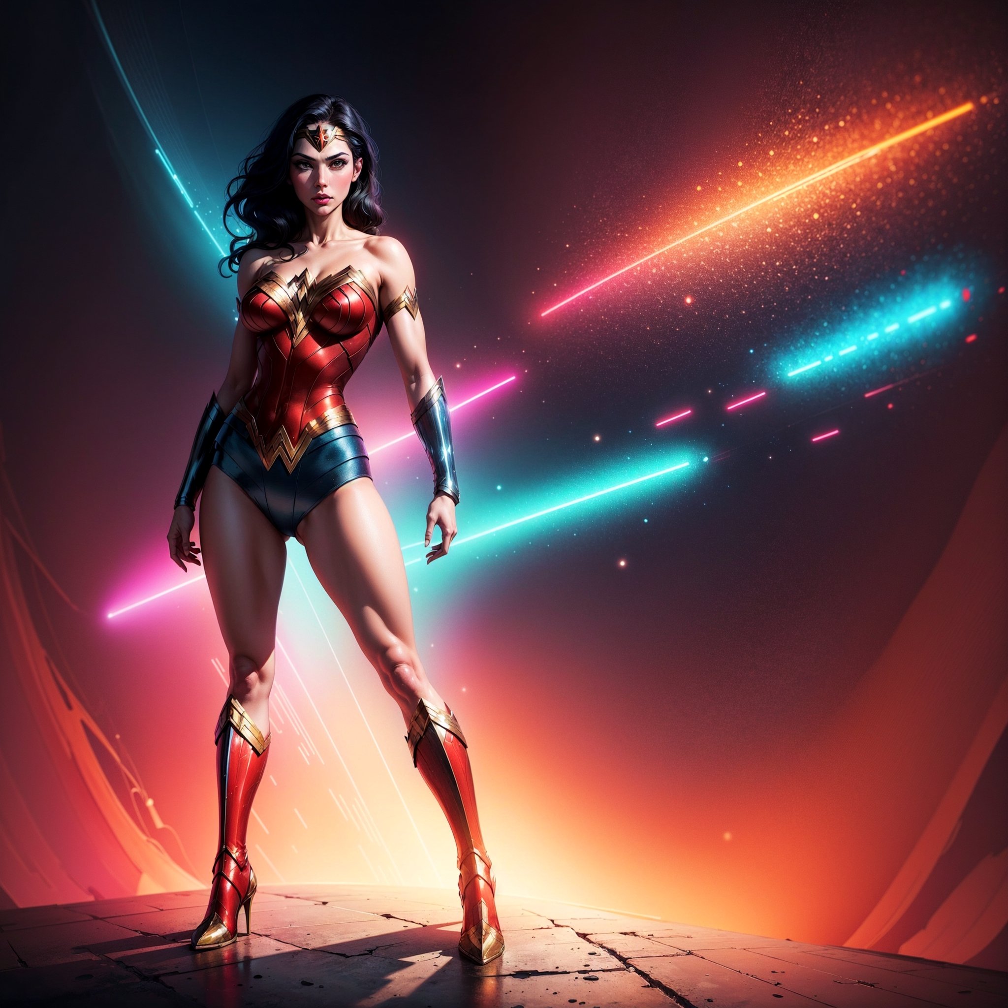 Wonder Woman ((full body)), (big tits) masterpiece, best quality, ((abstract, psychedelic, neon, background)),(creative:1.3), sy3, SMM, fantasy00d