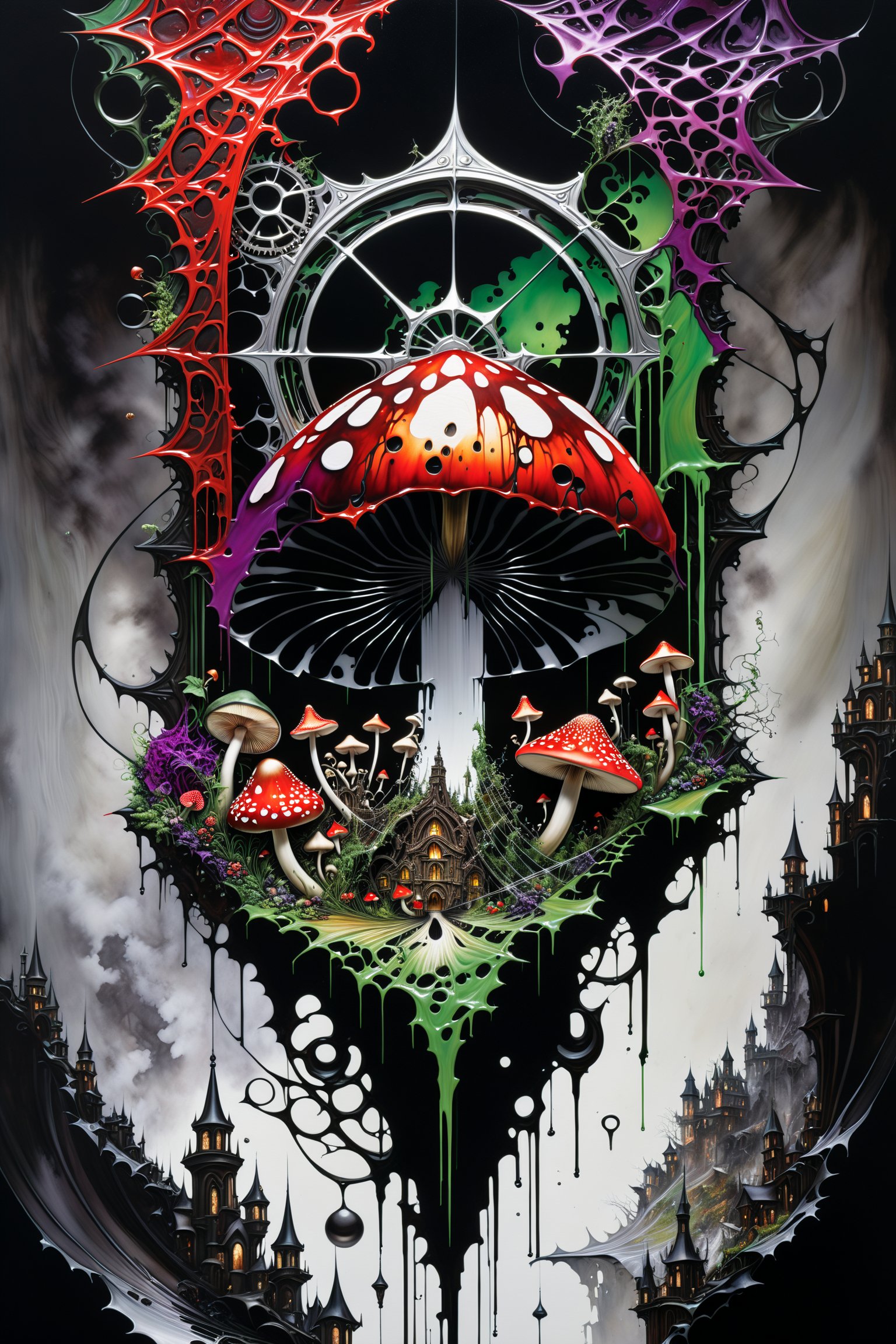 Ultra-wide-angle, photorealistic medieval gothic steam punk shot of an exciting fusion between Spawn and ((A spiderweb and a mushroom)) in a new character that embodies elements of both, (((spiderwebs))), silver mechanical gears in the background, people, see. Black and multi colored, ink Flow - 8k Resolution Photorealistic Masterpiece - by Aaron Horkey and Jeremy Mann - Intricately Detailed. fluid gouache painting: by Jean Baptiste Mongue: calligraphy: acrylic: colorful watercolor, cinematic lighting, maximalist photoillustration: by marton bobzert: 8k resolution concept art, intricately detailed realism, complex, elegant, expansive, fantastical and psychedelic, dripping paint , in the chasm of the empire estate, night, the moon, buildings, reflections, wings, and other elements need to stay in frame,(isolate object)