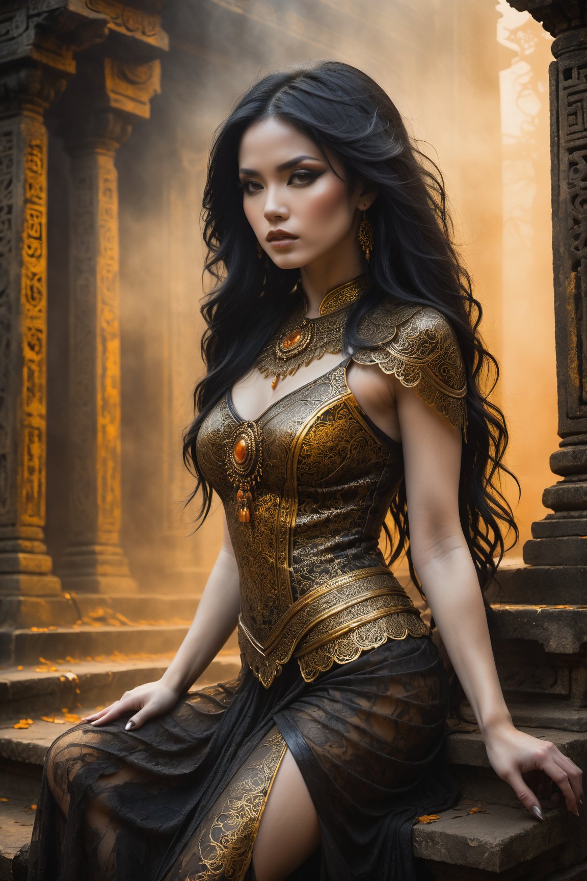 Hauntingly beautiful woman posed on weathered temple steps, shrouded in thick golden fog that morphs into eerie aura. Softly lit by warm orange-golden tones, her pale skin and black hair contrast against dark brown leather attire, complete with intricate filigree patterns. Dripping oil textures add a sense of decay to the scene. Her closed hands cradle her muscular figure, emphasizing its definition. The dramatic lighting casts stark catchlights and shadows, highlighting her haunting beauty amidst the desolate temple backdrop.