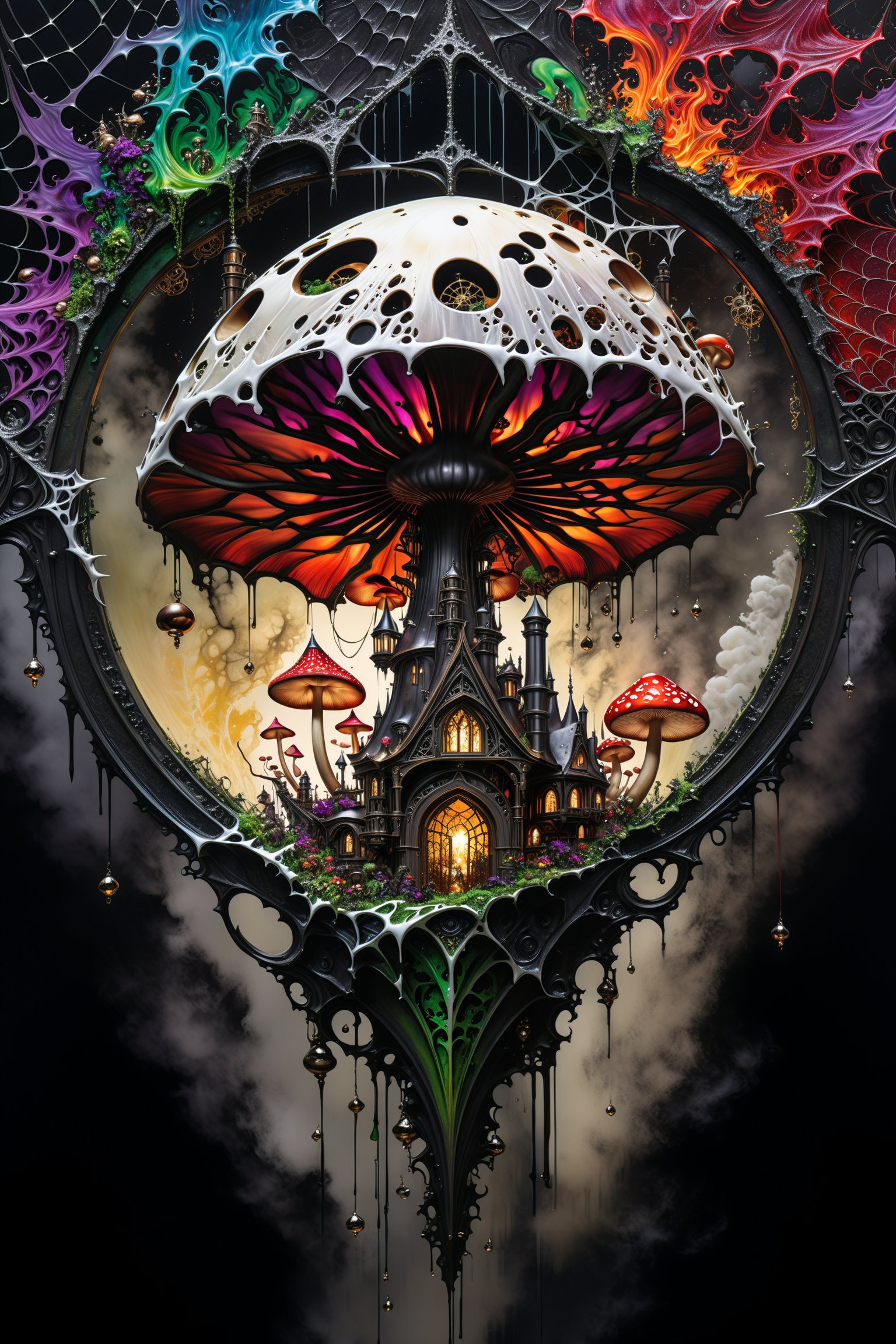 Ultra-wide-angle, photorealistic medieval gothic steam punk shot of an exciting fusion between Spawn and ((A spiderweb and a mushroom)) in a new character that embodies elements of both, (((spiderwebs))), silver mechanical gears in the background, people, see. Black and multi colored, ink Flow - 8k Resolution Photorealistic Masterpiece - by Aaron Horkey and Jeremy Mann - Intricately Detailed. fluid gouache painting: by Jean Baptiste Mongue: calligraphy: acrylic: colorful watercolor, cinematic lighting, maximalist photoillustration: by marton bobzert: 8k resolution concept art, intricately detailed realism, complex, elegant, expansive, fantastical and psychedelic, dripping paint , in the chasm of the empire estate, night, the moon, buildings, reflections, wings, and other elements need to stay in frame,(isolate object)