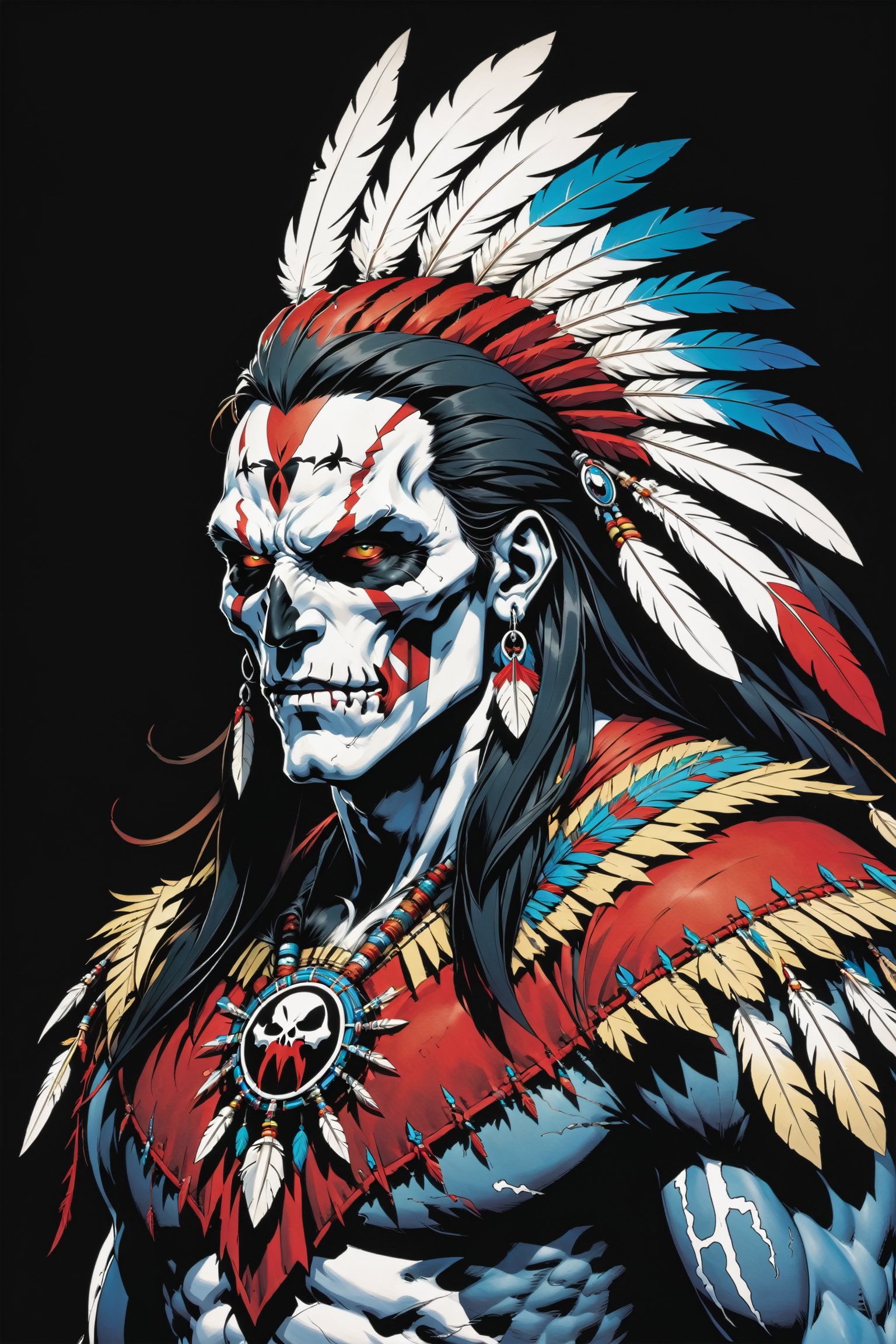 midshot, cel-shading style, centered image, ultra detailed illustration of the comic character ((male Spawn American Indian, by Todd McFarlane)), posing,  he has black  in traditional Indian attire with a skull emblem, ((Half Body)), (tetradic colors), inkpunk, ink lines, strong outlines, art by MSchiffer, bold traces, unframed, high contrast, cel-shaded, vector, 4k resolution, best quality, (chromatic aberration:1.8)