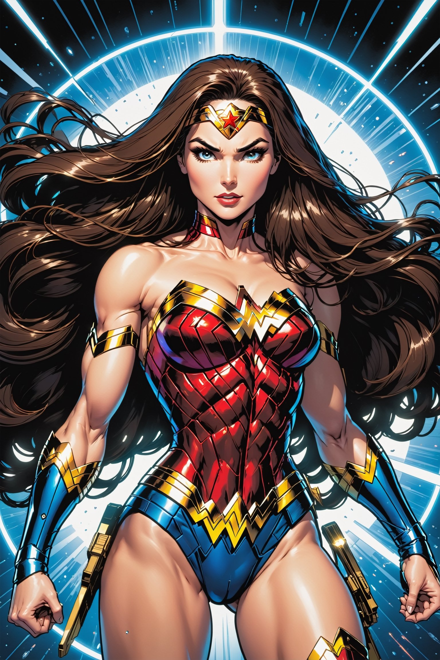 Midshot of blend of a female Spawn and Wonder Woman,  centered in a cel-shading style illustration,  ultra detailed and me...