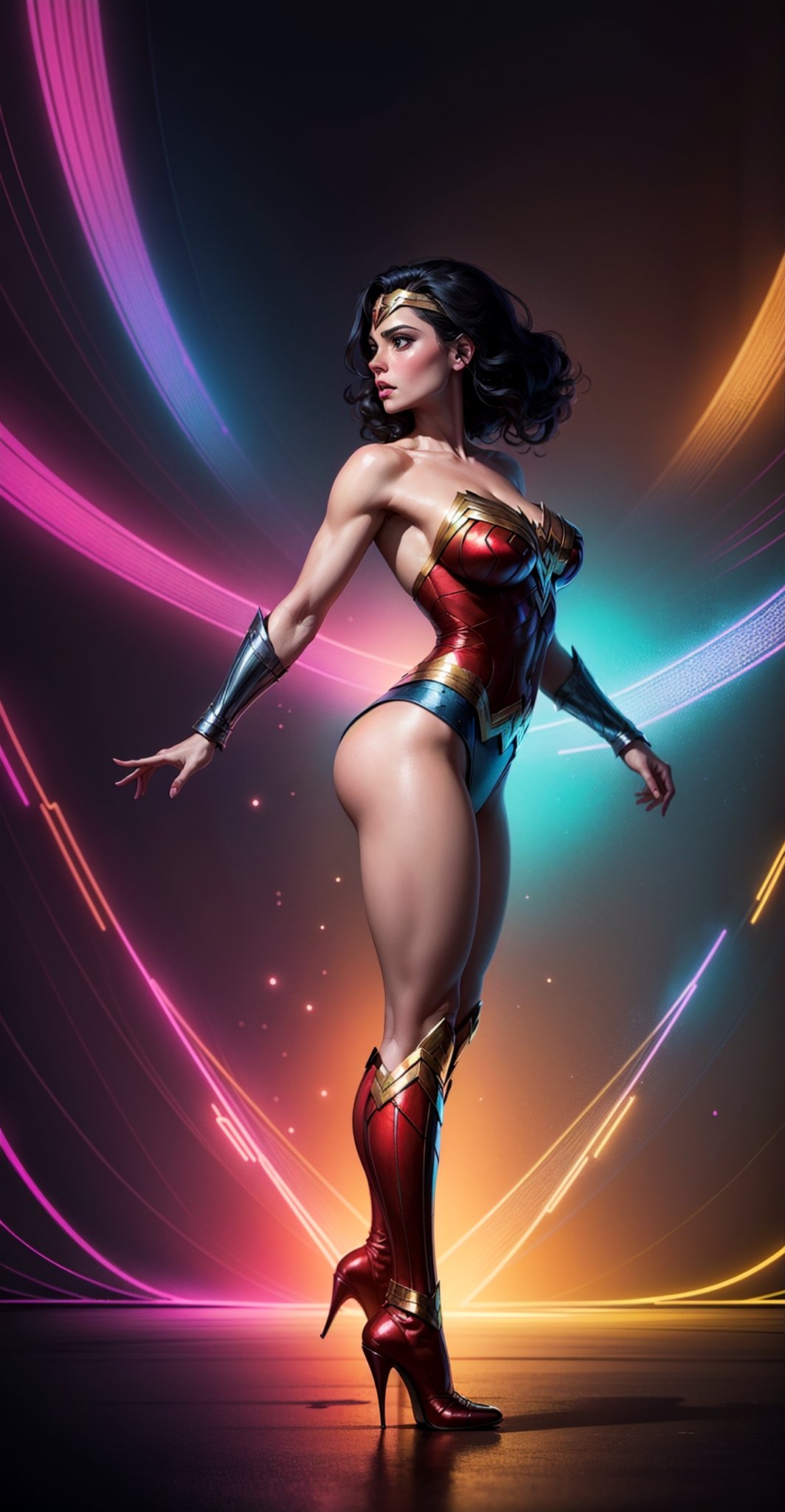 Wonder Woman (big tits),(( side view,)), ((full body)),masterpiece, best quality, ((abstract, psychedelic, neon, background)),(creative:1.3), sy3, SMM, fantasy00d