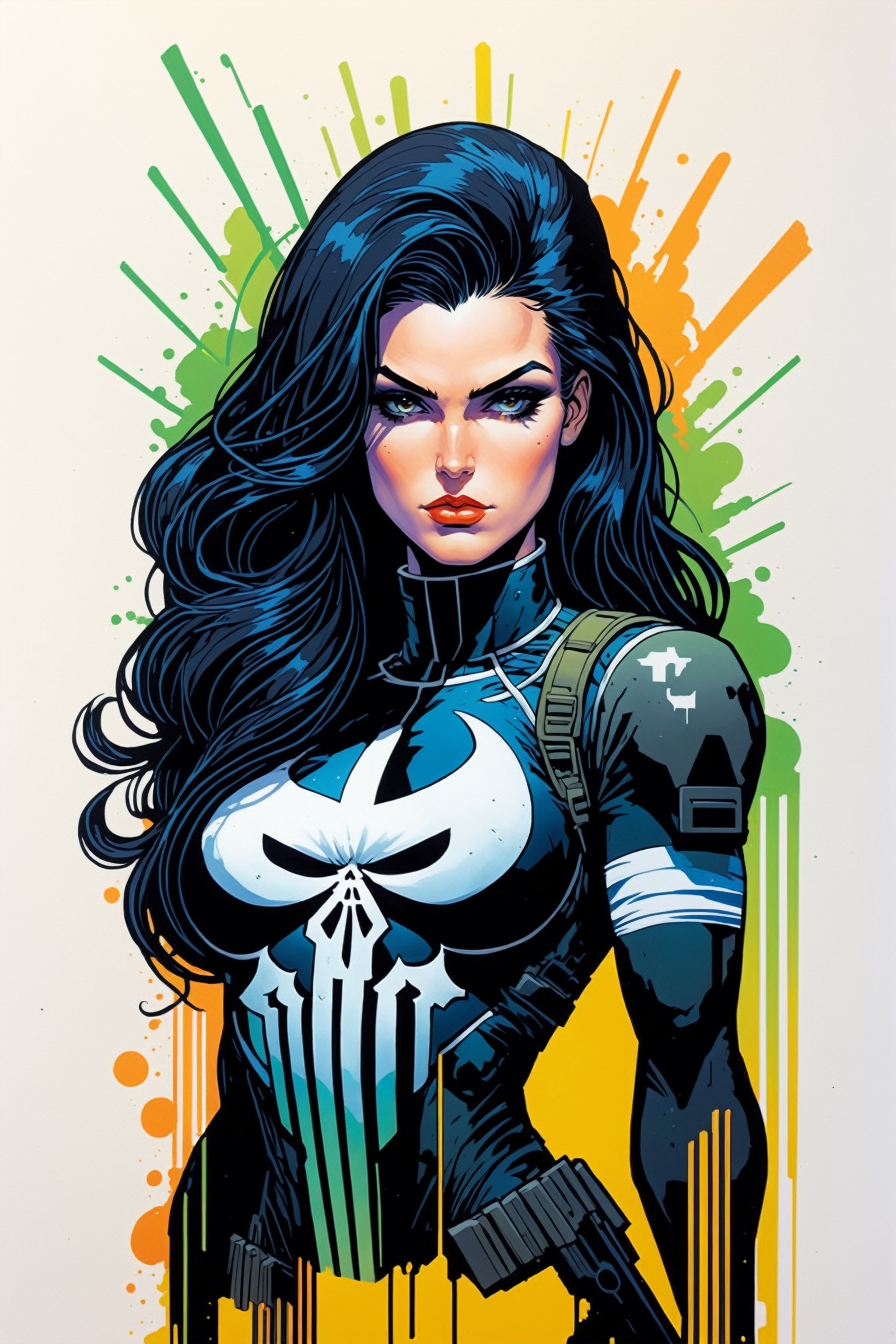 midshot, cel-shading style, centered image, ultra detailed illustration of the comic character, a female Punisher, posing, long Maine of black hair, ((Full Body)), (tetradic colors), inkpunk, ink lines, strong outlines, art by MSchiffer, bold traces, unframed, high contrast, cel-shaded, vector, 4k resolution, best quality, (chromatic aberration:1.8)