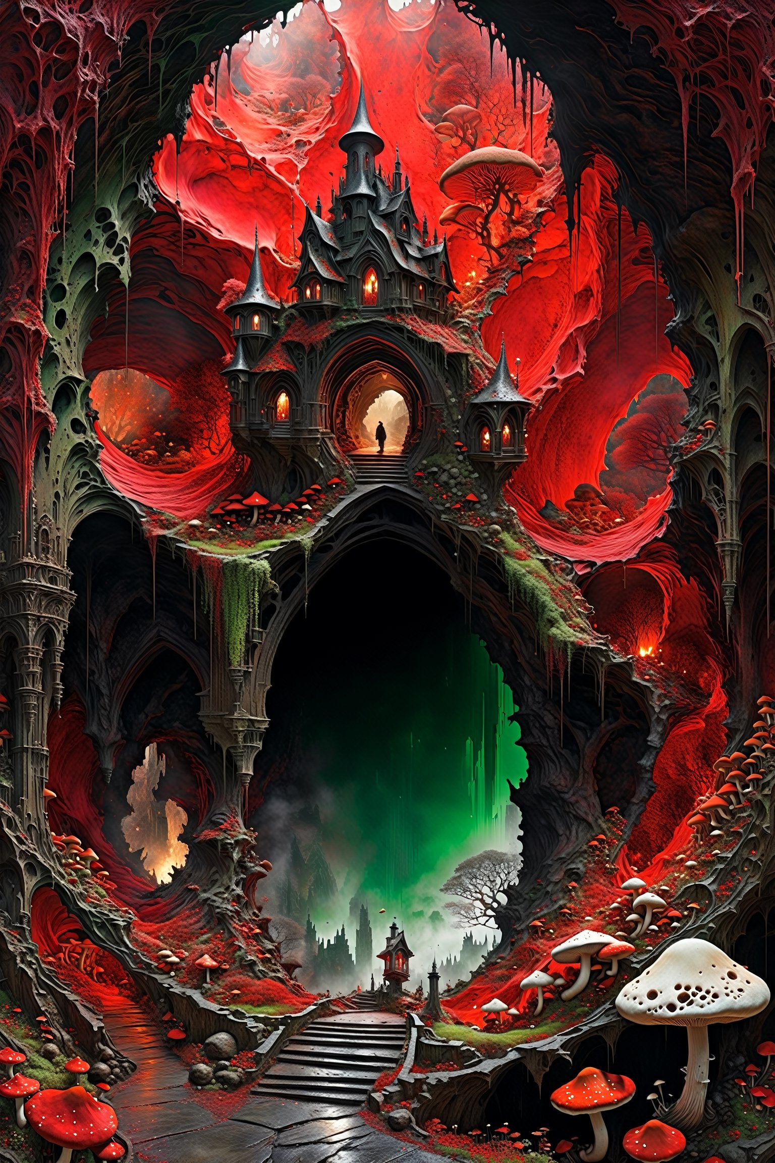 Ultra-wide-angle,  photorealistic medieval gothic steam punk shot of an exciting fusion between Spawn and ((A spiderweb an...