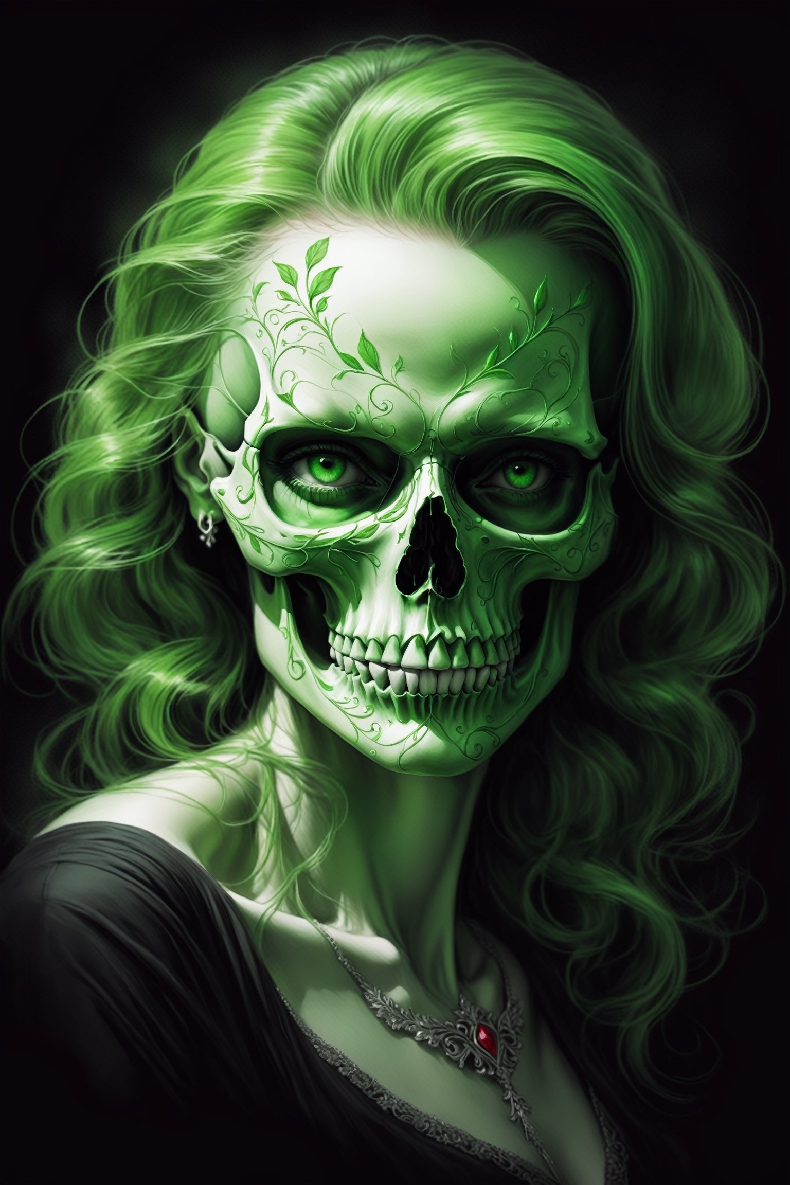 pencil Sketch of a beautiful green ((skull)), portrait by Charles Miano, ink drawing, illustrative art, soft lighting, detailed, more Flowing rhythm, elegant, low contrast, add soft blur with thin line, full red lips, green eyes, black clothes.