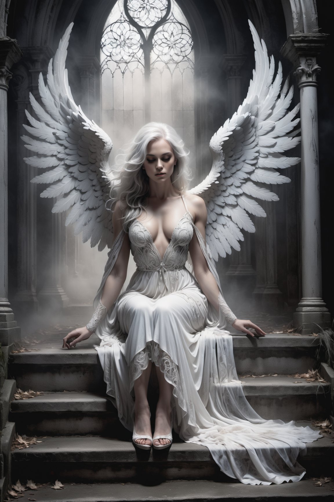 A hauntingly beautiful illustration: A White angel sits on the steps of a weathered desolate church, shrouded in thick fog that morphs into a ghostly aura. Dramatic lighting creates stark catchlights and shadows, highlighting the angel's pale skin, filigree, and Zentangle patterns, rendered in bold strokes against darkness. The angel's closed hands cradle her muscular figure, emphasizing muscular physique ,wearing a very modest long White robe, Her White and black two-tone hair cascades down her back, framing a captivating close-up portrait.