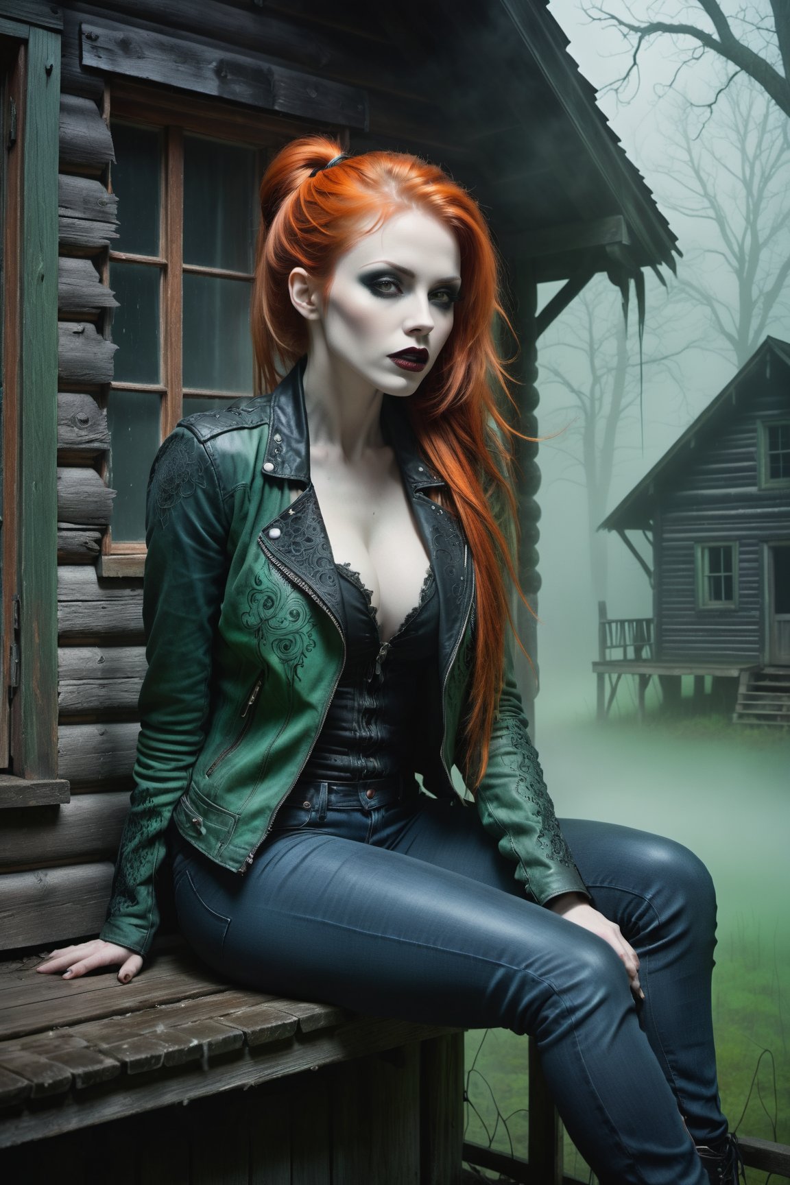 A hauntingly beautiful woman vampire ((sitting on the  on a porch of a old creepy cabin)), shrouded in thick Green-hued fog that morphs into an eerie aura. Her pale skin and Orange hair in a long, tall ponytail, contrast against the Blue jean pants, black leather jacket with filigree and Zentangle patterns, punctuated by dripping oil textures. Her closed hands cradle her curvy figure, emphasizing her very muscular physique, The dramatic lighting creates stark catchlights and shadows, highlighting her haunting beauty amidst a desolate cabin backdrop bathed in Green hues.