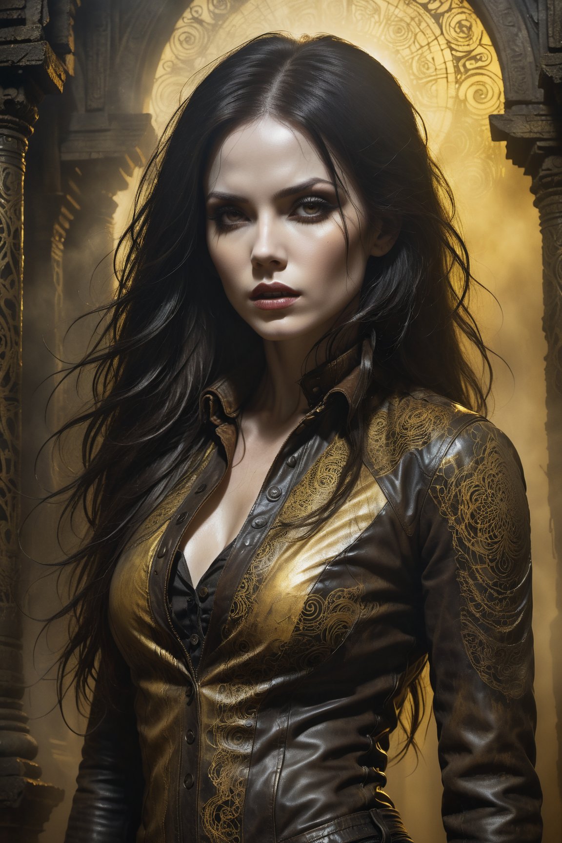 A hauntingly beautiful woman in a weathered creepy temple, shrouded in thick Golden-hued fog that morphs into an eerie aura. (Close-up of her face), Her pale skin and Black very, very long hair contrast against the dark Brown leather pants, button down shirt,  Brown leather jacket with filigree and Zentangle patterns, punctuated by dripping oil textures. Her closed hands cradle her muscular figure, emphasizing her very muscular figure. The dramatic lighting creates stark catchlights and shadows, highlighting her haunting beauty amidst a desolate creepy temple backdrop bathed in Golden hues.