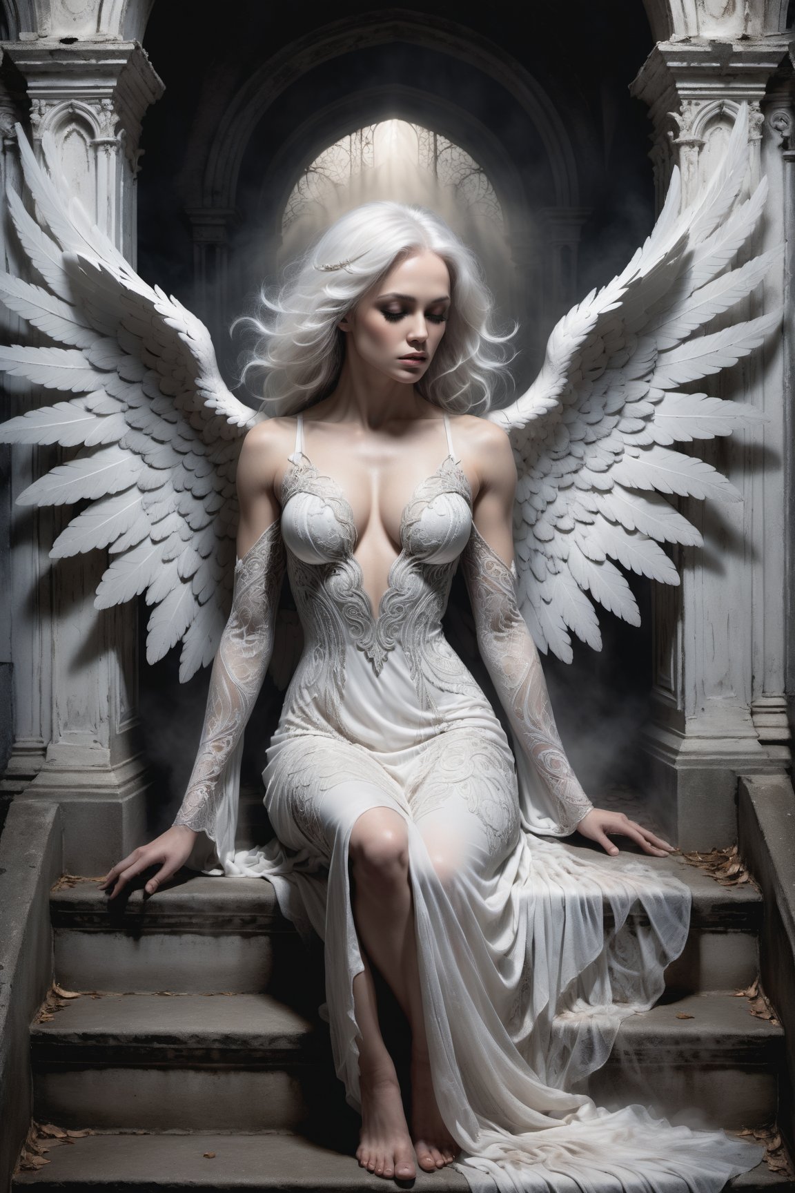 A hauntingly beautiful illustration: A White angel standing on the steps of a weathered desolate church, shrouded in thick fog that morphs into a ghostly aura. Dramatic lighting creates stark catchlights and shadows, highlighting the angel's pale skin, filigree, and Zentangle patterns, rendered in bold strokes against darkness. The angel's closed hands cradle her muscular figure, emphasizing muscular physique ,wearing a very modest long White robe, Her (((White and black two-tone hair))) cascades down her back, framing a captivating close-up portrait.