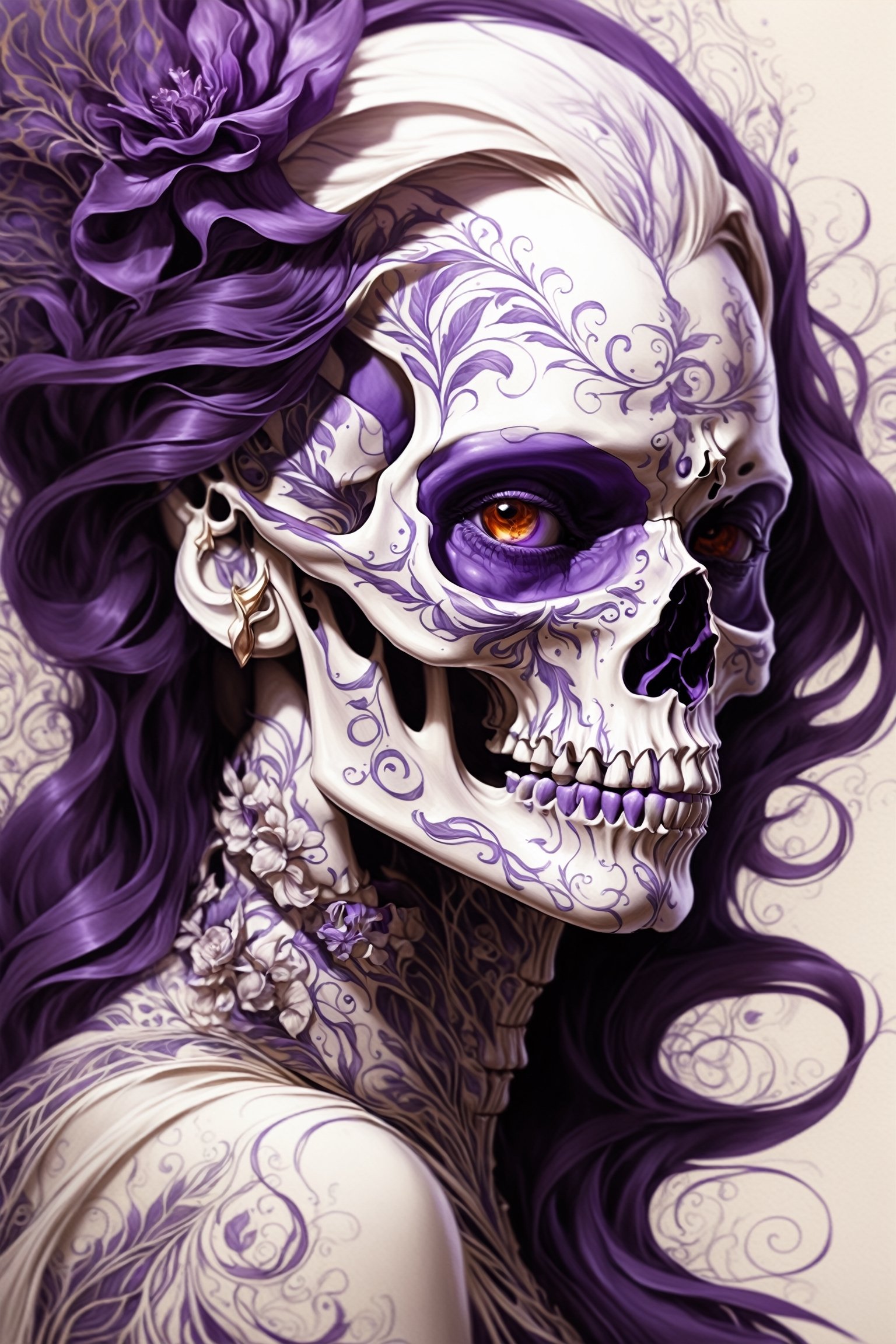 pencil Sketch of a beautiful purple ((skull)), portrait by Charles Miano, ink drawing, flowing intricate ink, designs, illustrative art, soft lighting, detailed, more Flowing rhythm, elegant, low contrast, add soft blur with thin line, full red lips, Amber eyes, black clothes.