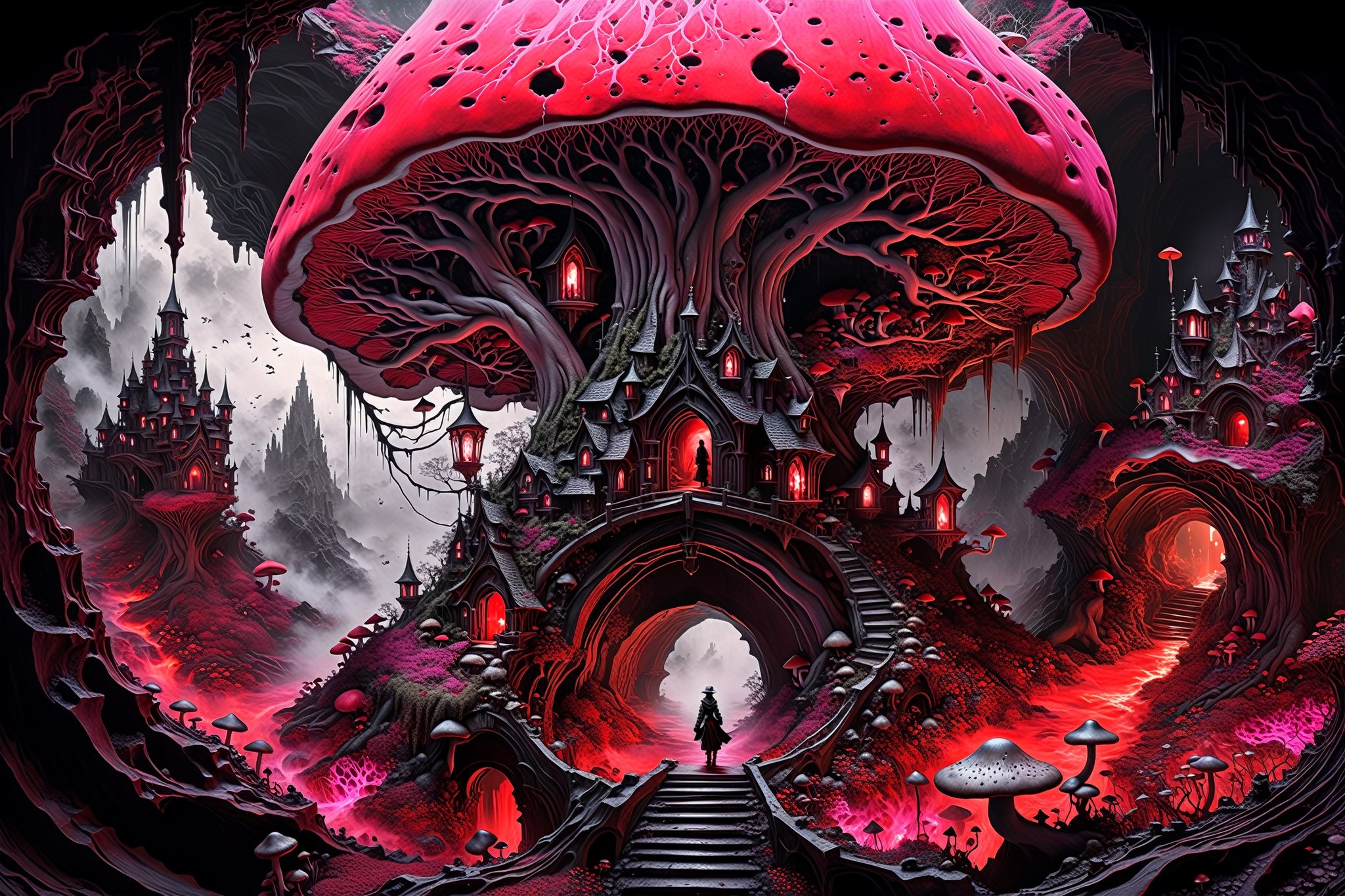 Ultra-wide-angle,  photorealistic medieval gothic steam punk shot of an exciting fusion between Spawn and ((A spiderweb an...