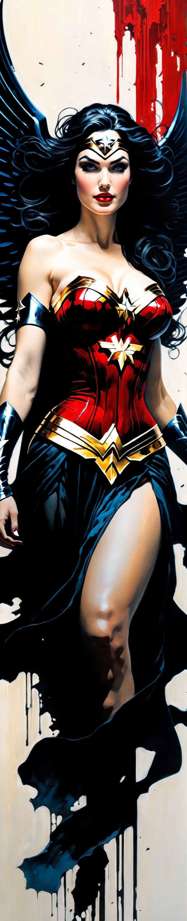 Ultra wide angle,  photorealistic medieval gothic shot of an exciting fusion between an angel and Wonder woman,  full body...