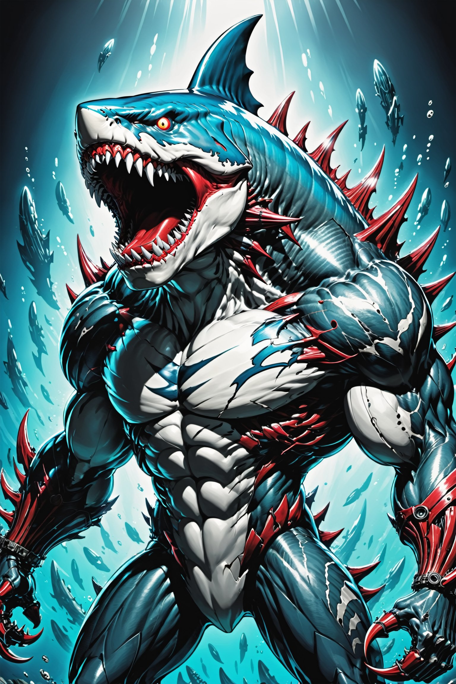 midshot, cel-shading style, centered image, ultra detailed illustration of the comic character ((Spawn , A cyborg Megalodon combines raw natural power with advanced technology. This fearsome creature features a blend of organic scales and sleek metallic components. His limbs are reinforced with steel plating and hydraulic joints, enhancing its strength and agility. Cybernetic eyes glow with a menacing light, capable of night vision and advanced targeting. The Megalodon claws are replaced with razor-sharp. This fusion of beast and machine creates a formidable predator, both in the wild and in combat scenarios.,exosuit, by Todd McFarlane)), posing, with a skull emblem,   (((Full Body))), accent color, gray,white, black and blue, (tetradic colors), inkpunk, ink lines, strong outlines, art by MSchiffer, bold traces, unframed, high contrast, cel-shaded, vector, 4k resolution, best quality, (chromatic aberration:1.8)