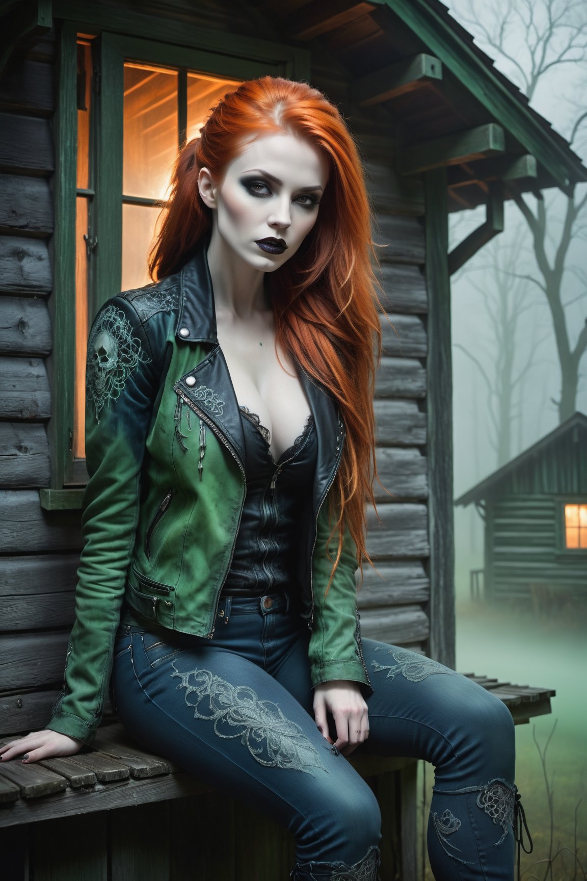 A hauntingly beautiful woman vampire ((sitting on the  on a porch of a old creepy cabin)), shrouded in thick Green-hued fog that morphs into an eerie aura. Her pale skin and Orange hair in a long, tall ponytail, contrast against the Blue jean pants, black leather jacket with filigree and Zentangle patterns, punctuated by dripping oil textures. Her closed hands cradle her curvy figure, emphasizing her very muscular physique, The dramatic lighting creates stark catchlights and shadows, highlighting her haunting beauty amidst a desolate cabin backdrop bathed in Green hues.