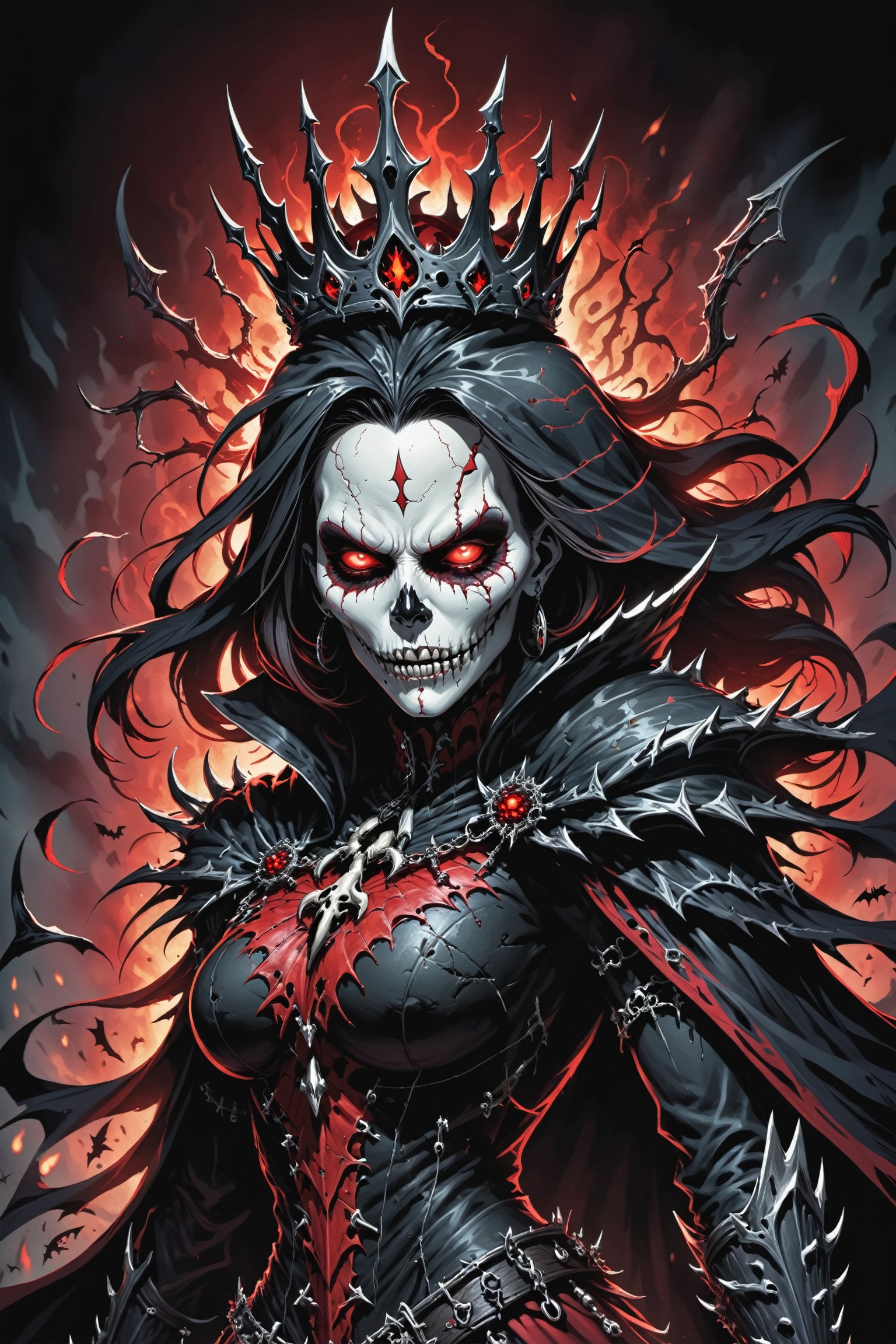 midshot, cel-shading style, centered image, ultra detailed illustration of the comic character (( female Spawn  Halloween-style fantasy world image featuring a terrifying undead Queen with a skull face and glowing red eyes. Envision the Queen adorned in torn black and red dark clothes, wielding a deadly, sinister spiky weapon. Specify a dark fantasy-style atmosphere with chilling details, capturing the sinister essence of this undead monarch. Request a visually striking composition that blends the elements of horror and fantasy, creating a haunting masterpiece perfect for the Halloween theme by, Todd McFarlane)), posing,  he has black  in traditional Indian attire with a skull emblem, ((holding a A spear)),  (((Full Body))), (((perfect hands))),(((realistic hands))),(((accurate hands))), (tetradic colors), inkpunk, ink lines, strong outlines, art by MSchiffer, bold traces, unframed, high contrast, cel-shaded, vector, 4k resolution, best quality, (chromatic aberration:1.8)