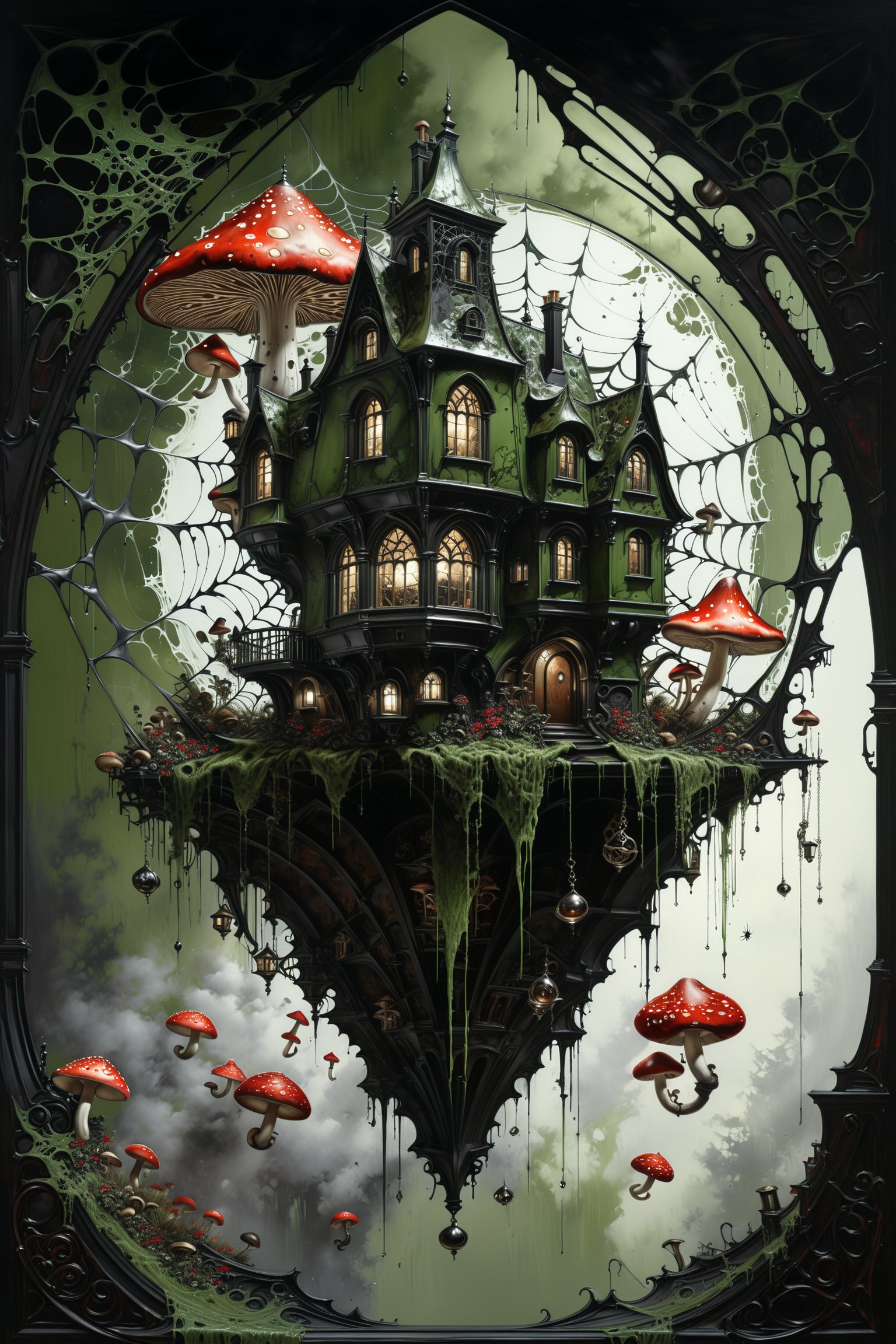 Ultra-wide-angle, photorealistic medieval gothic steam punk shot of an exciting Fusion (((A creepy house, spiderweb and a large mushrooms hanging over the house))) in a new character that embodies elements of both, (((spiderwebs))), silver mechanical gears in the background, people, see. Black and Olive green, light, green and red, ink Flow - 8k Resolution Photorealistic Masterpiece - by Aaron Horkey and Jeremy Mann - Intricately Detailed. fluid gouache painting: by Jean Baptiste Mongue: calligraphy: acrylic: colorful watercolor, cinematic lighting, maximalist photoillustration: by marton bobzert: 8k resolution concept art, intricately detailed realism, complex, elegant, expansive, fantastical and psychedelic, dripping paint , in the chasm of the empire estate, night, the moon, buildings, reflections, wings, and other elements need to stay in frame,(isolate object)