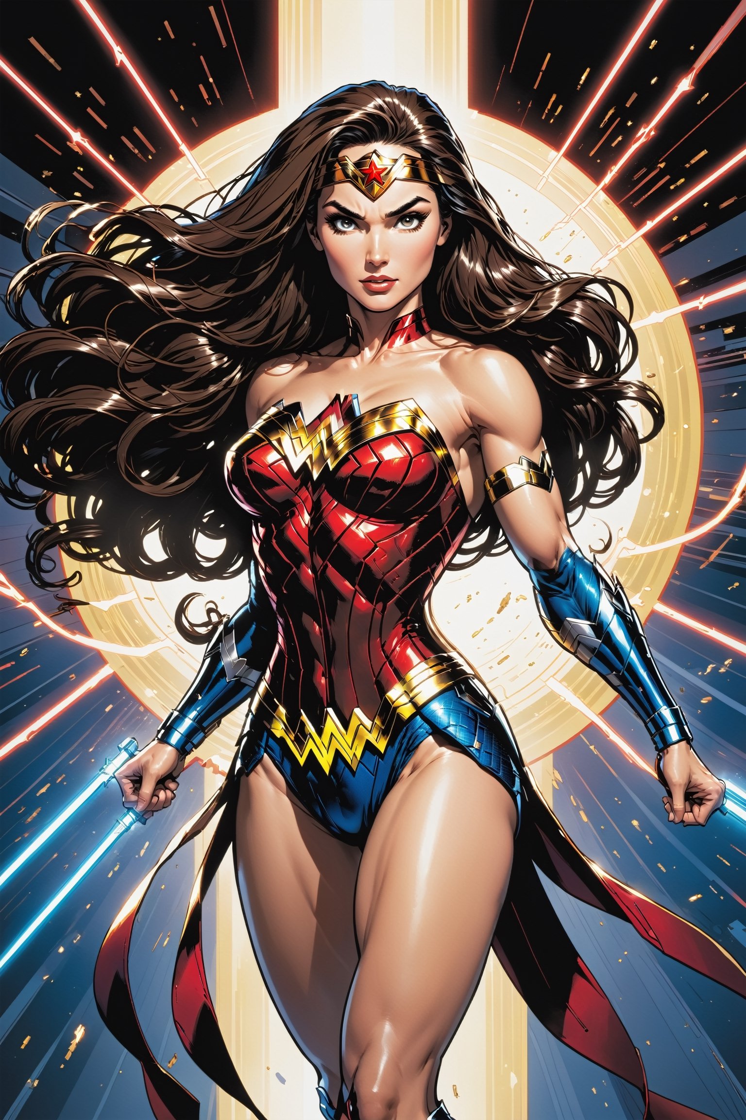 Midshot of blend of a female Spawn and Wonder Woman,  centered in a cel-shading style illustration,  ultra detailed and me...