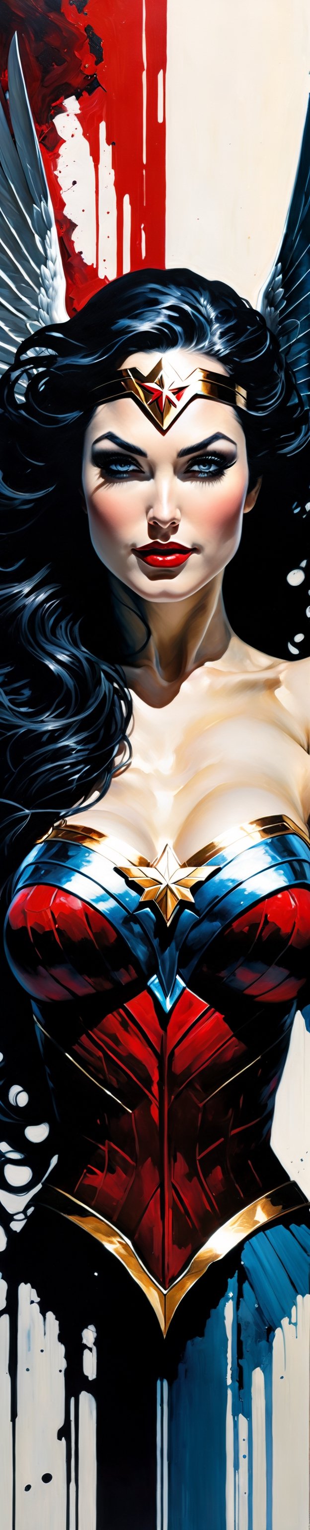 Ultra wide angle,  photorealistic medieval gothic shot of an exciting fusion between an angel and Wonder woman,  full body...