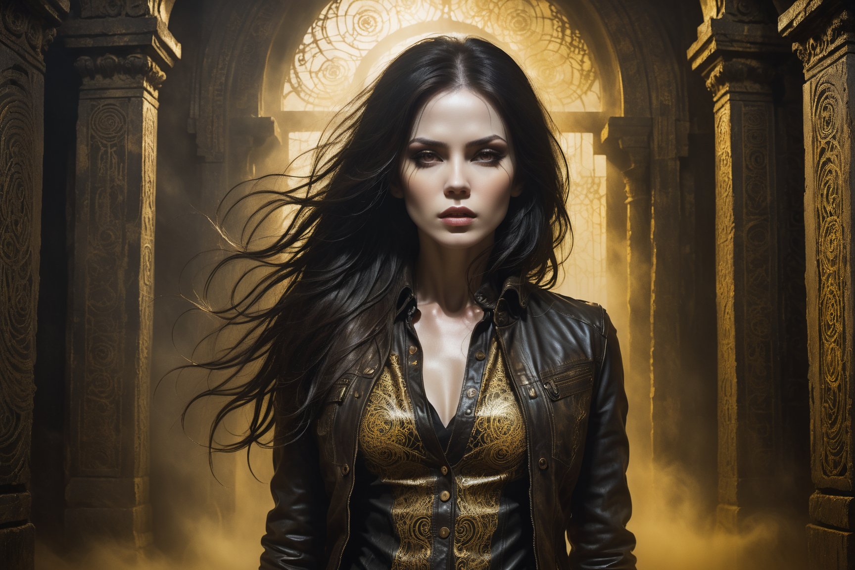 A hauntingly beautiful woman in a weathered creepy temple, shrouded in thick Golden-hued fog that morphs into an eerie aura. (Close-up of her face), Her pale skin and Black very, very long hair contrast against the dark Brown leather pants, button down shirt,  Brown leather jacket with filigree and Zentangle patterns, punctuated by dripping oil textures. Her closed hands cradle her muscular figure, emphasizing her very muscular figure. The dramatic lighting creates stark catchlights and shadows, highlighting her haunting beauty amidst a desolate creepy temple backdrop bathed in Golden hues.