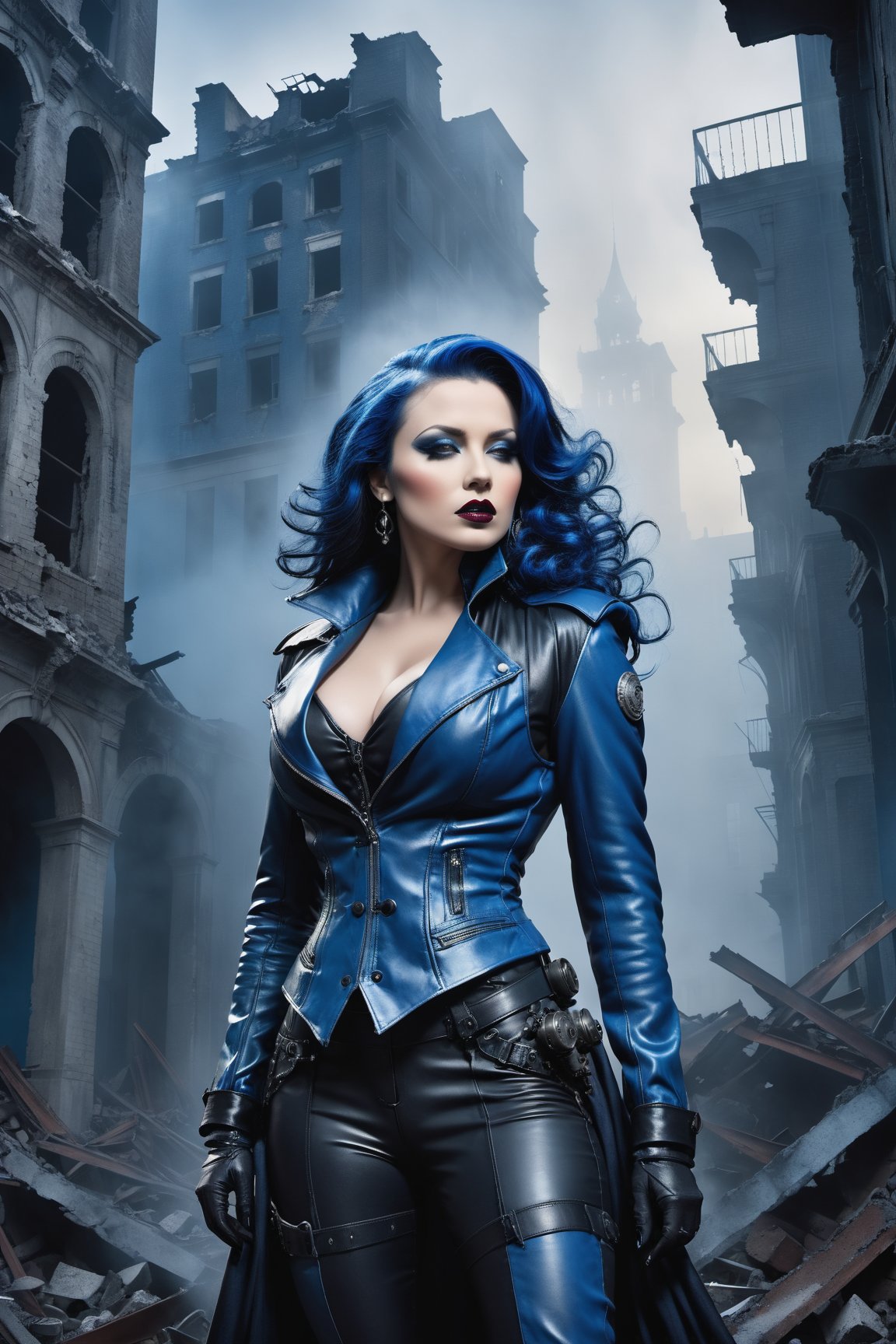 A ravishing dieselpunk femme fatale stands amidst the ruins of a forsaken metropolis,  shrouded in a thick veil of blue-hu...