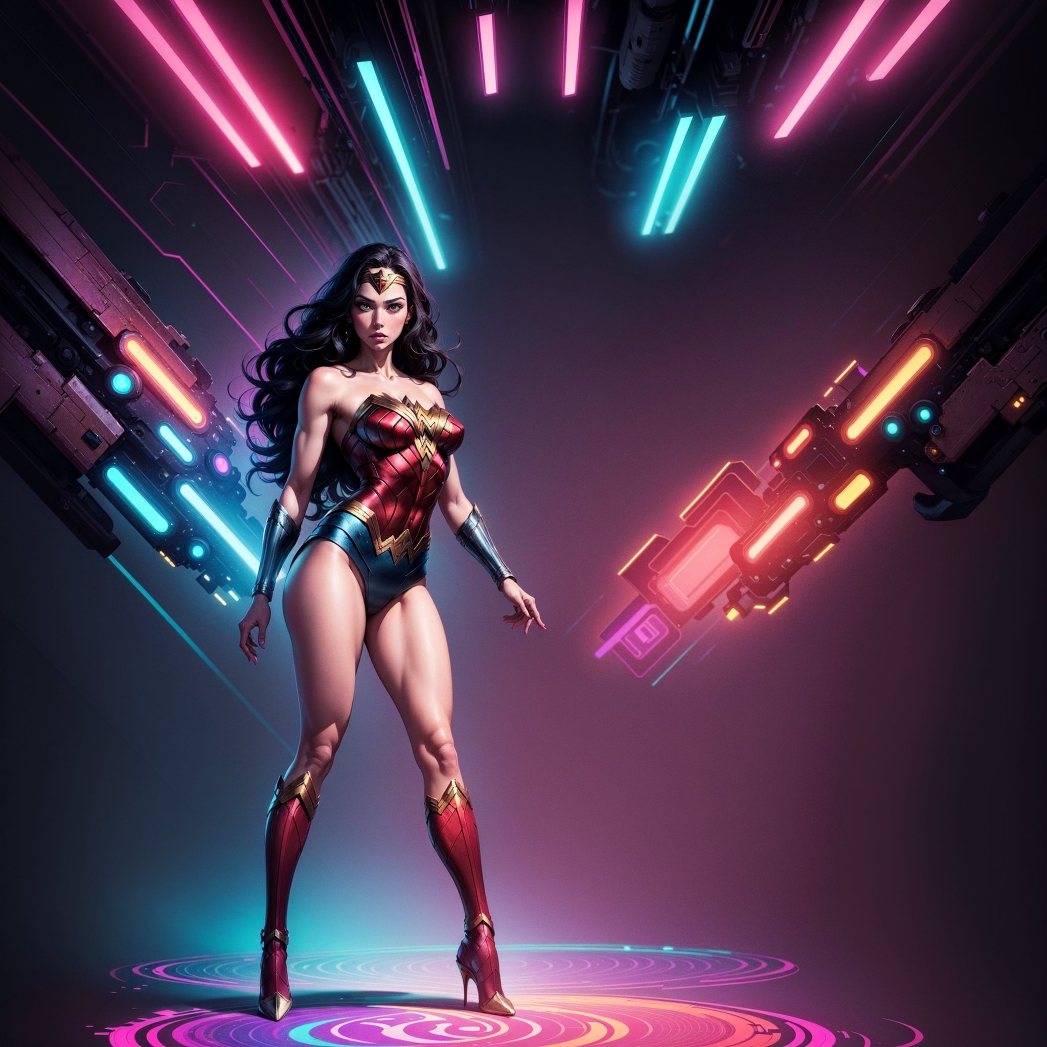 Wonder Woman ((full body)), (big tits) masterpiece, best quality, ((abstract, psychedelic, neon, background)),(creative:1.3), sy3, SMM, fantasy00d