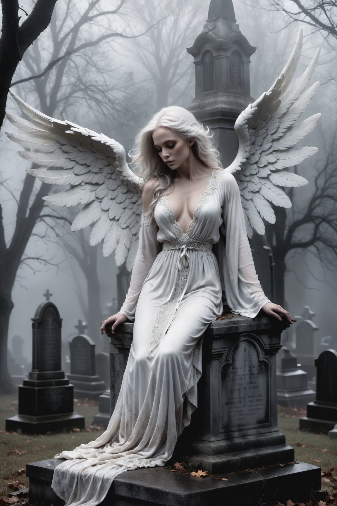 A hauntingly beautiful illustration: A White angel perches atop a weathered gravestone in a desolate cemetery, shrouded in thick fog that morphs into a ghostly aura. Dramatic lighting creates stark catchlights and shadows, highlighting the angel's pale skin, filigree, and Zentangle patterns, rendered in bold strokes against darkness. The angel's closed hands cradle her muscular figure, emphasizing muscular physique ,wearing a long White robe, Her White and black two-tone hair cascades down her back, framing a captivating close-up portrait.