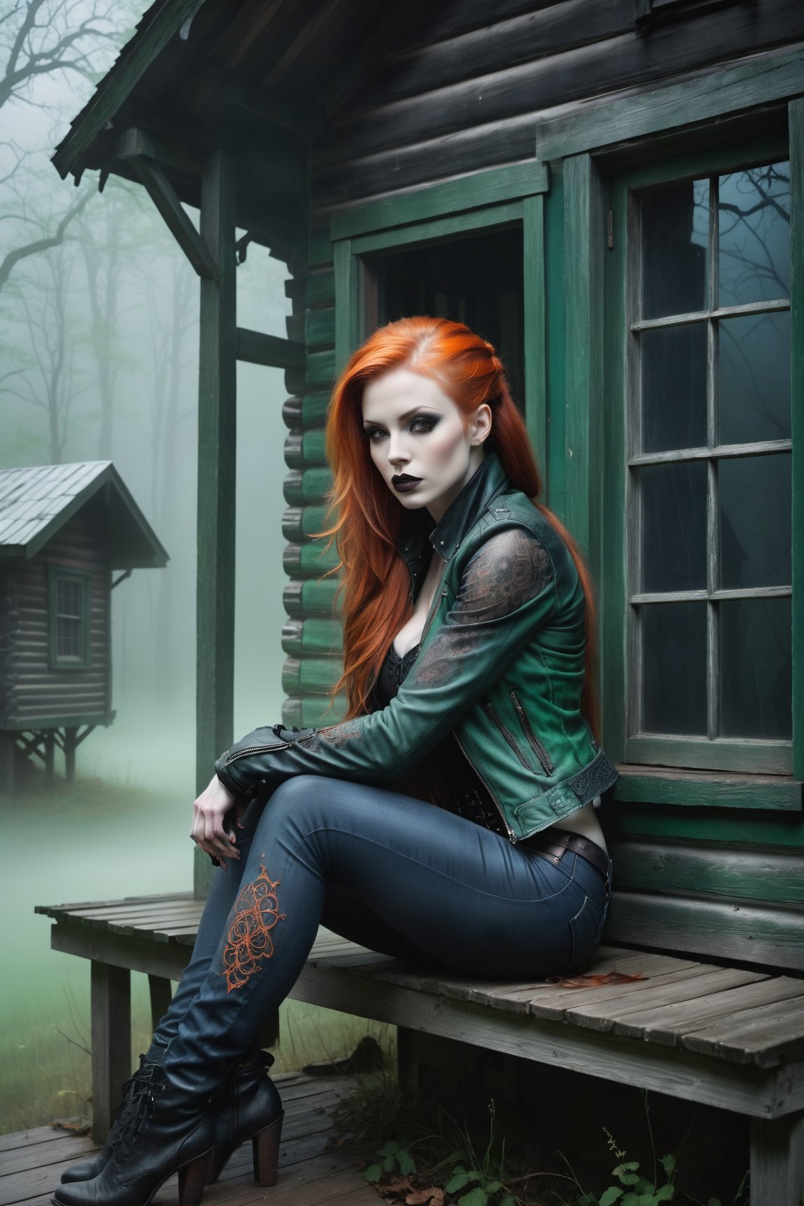 A hauntingly beautiful woman vampire ((sitting on the  on a porch of a old creepy cabin)), shrouded in thick Green-hued fog that morphs into an eerie aura. Her pale skin and Orange hair in a long, tall ponytail, contrast against the Blue jean pants, black leather jacket with filigree and Zentangle patterns, punctuated by dripping oil textures. Her closed hands cradle her curvy figure, emphasizing her very muscular physique, The dramatic lighting creates stark catchlights and shadows, highlighting her haunting beauty amidst a desolate cabin backdrop bathed in Green hues.