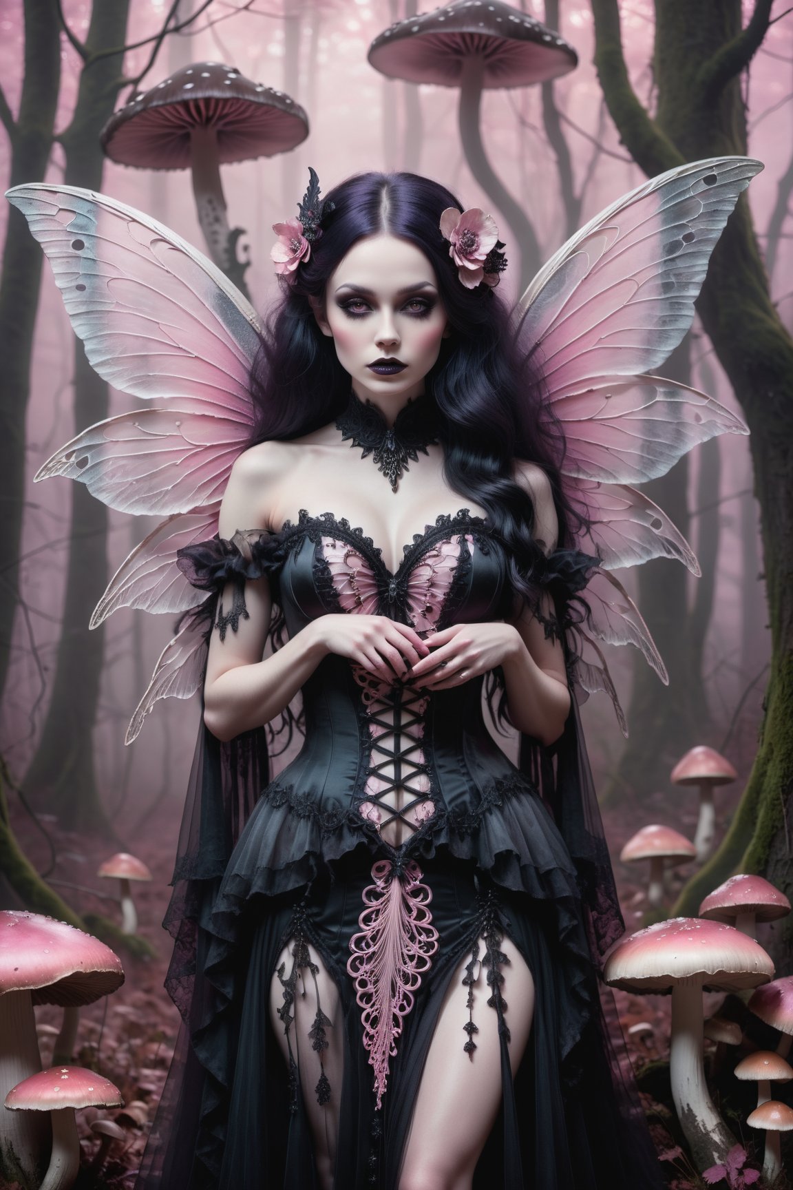 A hauntingly beautiful woman (((gothic fairy with Beautiful, detailed wings))) wearing Lacie victorian clothing (((standing beside giant mushrooms))), shrouded in thick pink-hued fog that morphs into an eerie aura. Her pale skin and  very, very long hair contrast against the dark Gothic dress,  with filigree and Zentangle patterns, punctuated by dripping oil textures. Her closed hands cradle her muscular figure, emphasizing her muscular physique, The dramatic lighting creates stark catchlights and shadows, highlighting her haunting beauty amidst A forest with mushrooms everywhere backdrop bathed in pink hues.