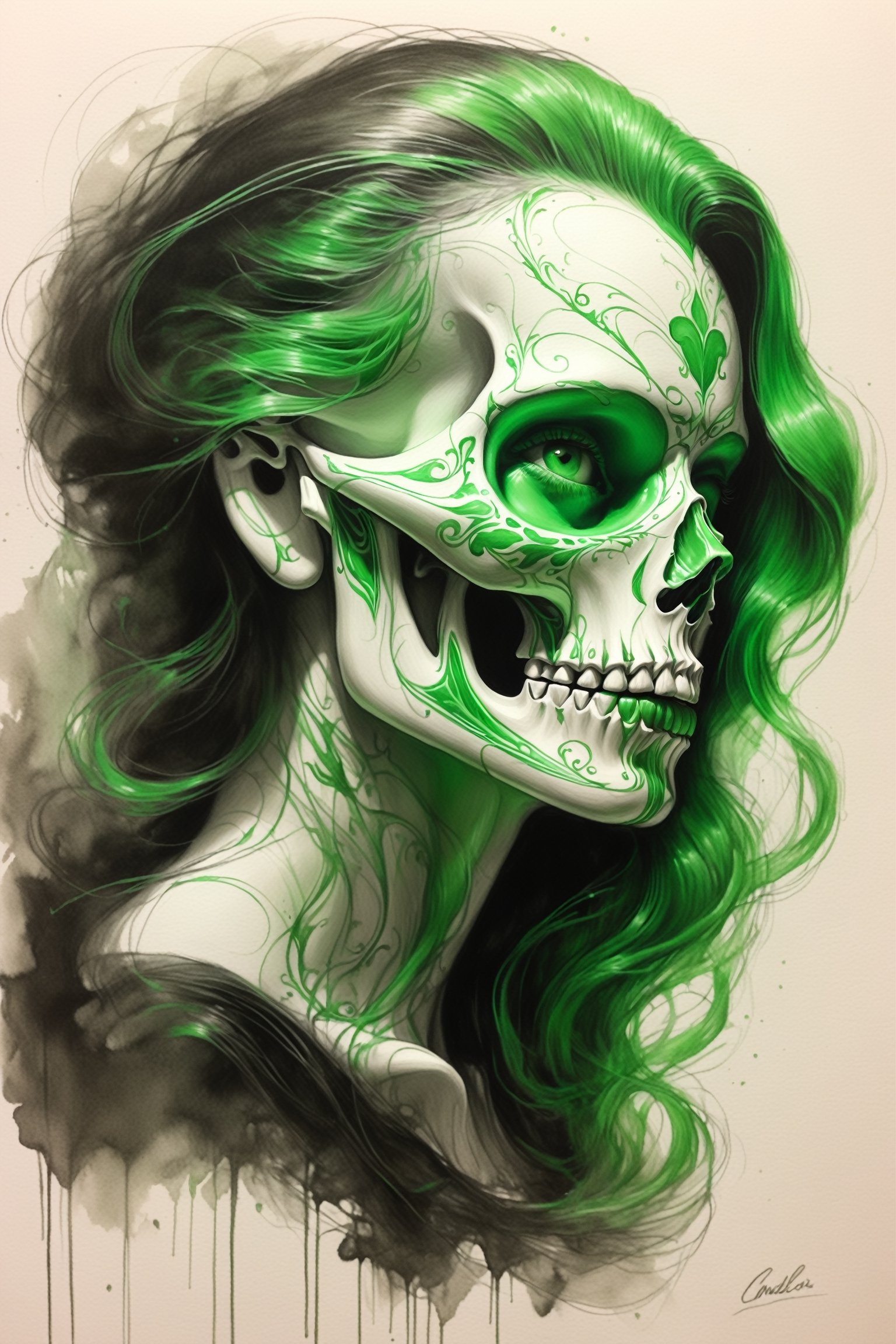 pencil Sketch of a beautiful green ((skull)), portrait by Charles Miano, ink drawing, illustrative art, soft lighting, detailed, more Flowing rhythm, elegant, low contrast, add soft blur with thin line, full red lips, green eyes, black clothes.