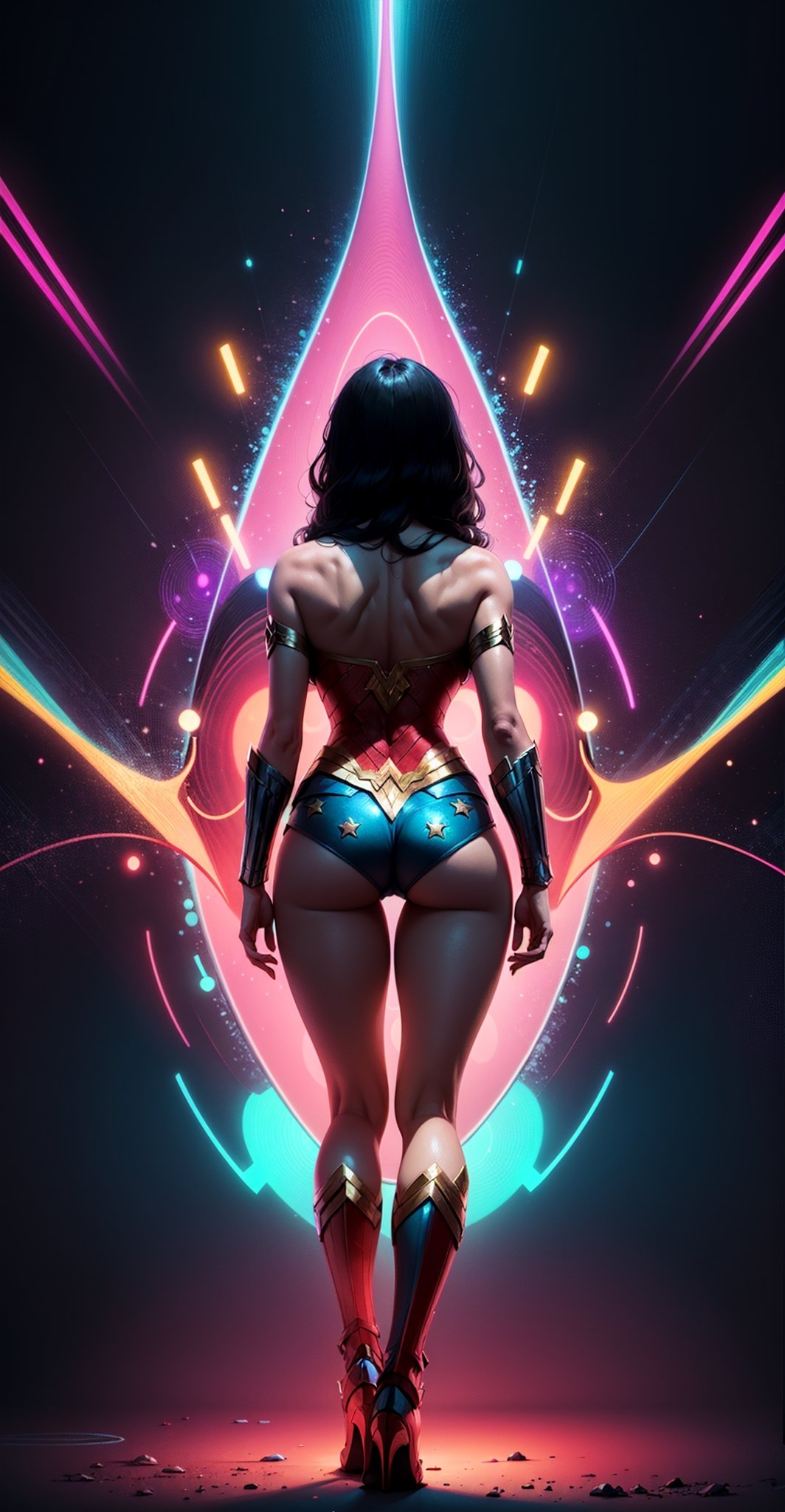 Wonder Woman (big tits),(( view from behind)), ((full body)),masterpiece, best quality, ((abstract, psychedelic, neon, background)),(creative:1.3), sy3, SMM, fantasy00d