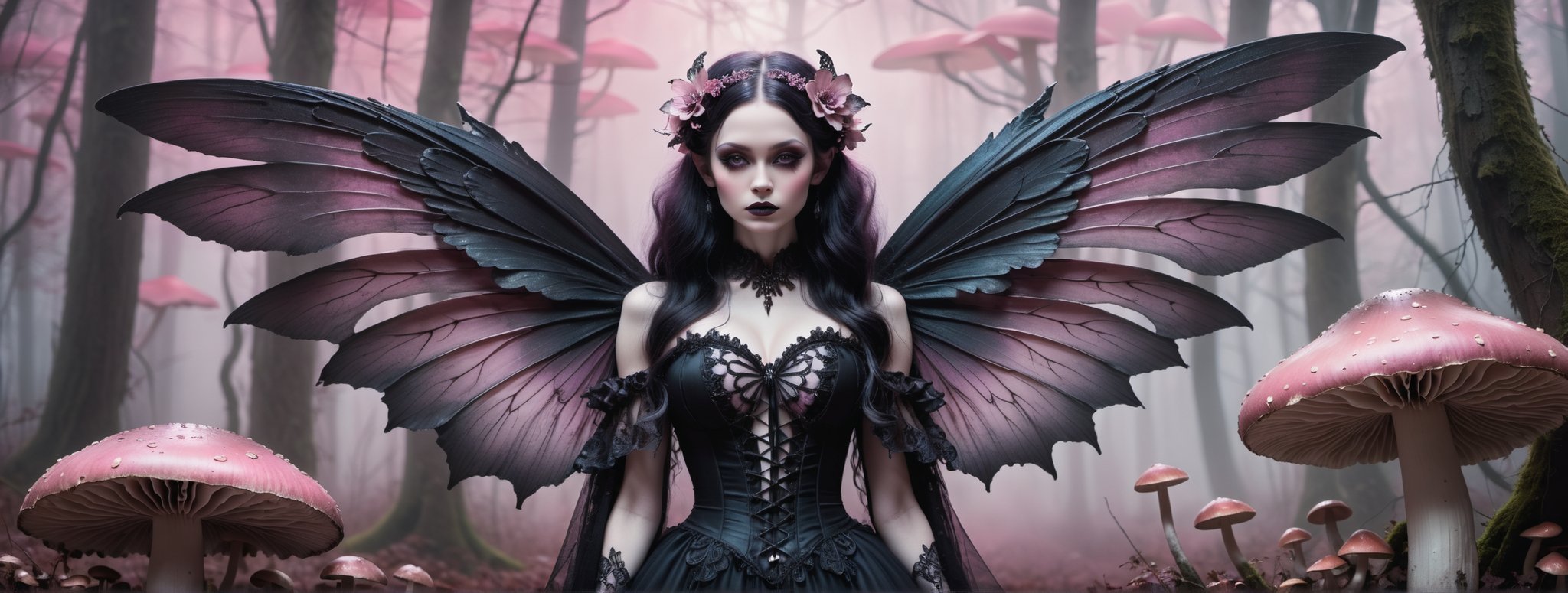 A hauntingly beautiful woman (((gothic fairy with Beautiful, detailed wings))) wearing Lacie victorian clothing (((standing beside giant mushrooms))), shrouded in thick pink-hued fog that morphs into an eerie aura. Her pale skin and  very, very long hair contrast against the dark Gothic dress,  with filigree and Zentangle patterns, punctuated by dripping oil textures. Her closed hands cradle her muscular figure, emphasizing her muscular physique, The dramatic lighting creates stark catchlights and shadows, highlighting her haunting beauty amidst A forest with mushrooms everywhere backdrop bathed in pink hues.