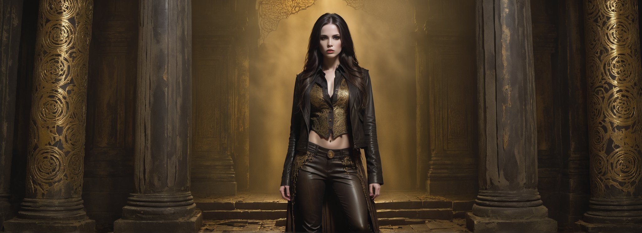 A hauntingly beautiful woman standing leaning against a pillar in a weathered creepy temple, shrouded in thick Golden-hued fog that morphs into an eerie aura. Her pale skin and Black very, very long hair contrast against the dark Brown leather pants, button down shirt,  Brown leather jacket with filigree and Zentangle patterns, punctuated by dripping oil textures. Her closed hands cradle her muscular figure, emphasizing her very muscular figure. The dramatic lighting creates stark catchlights and shadows, highlighting her haunting beauty amidst a desolate creepy temple backdrop bathed in Golden hues.