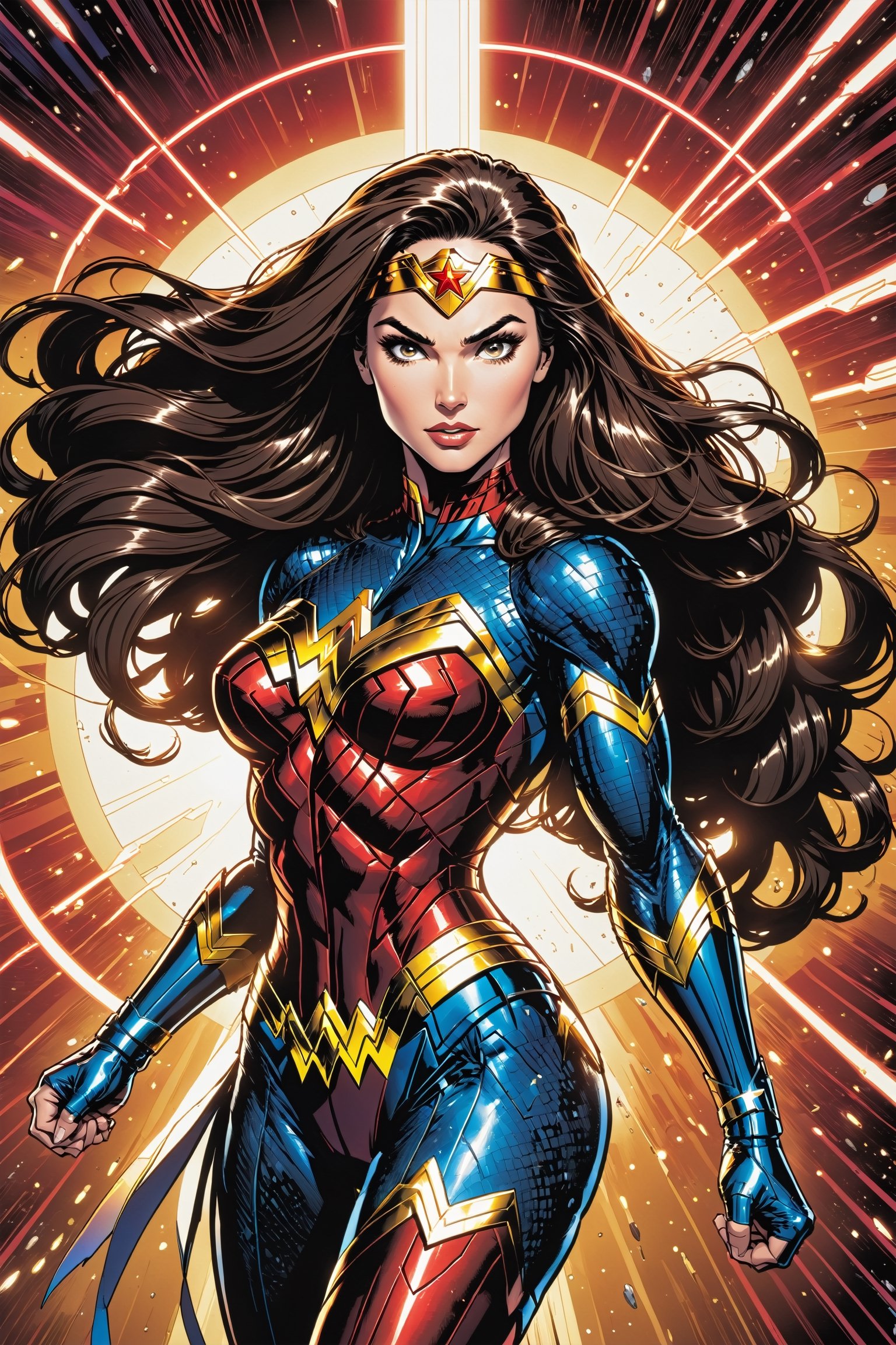 Midshot of blend of a female Spawn and Wonder Woman,  centered in a cel-shading style illustration,  ultra detailed and me...